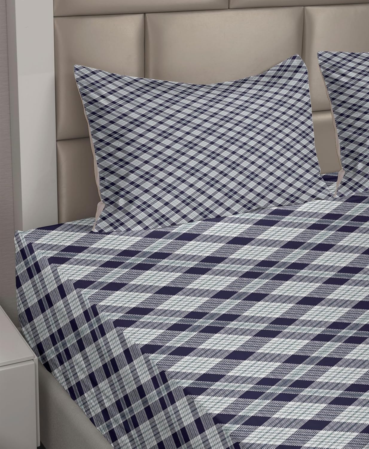 Ambesonne Navy Plaid Sheet Set, Composition of Lines Simple Traditional Fashion Print, Fitted and Flat Sheet with Pillowcases Bedding Accent 4 Piece Set, Full, Blue Grey
