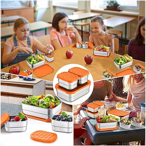 Miniatura 9 de Homikit Juego de 3 cajas de almuerzo para niños, cajas Bento de acero inoxidable 1810 con tapas de silicona a prueba de fugas, 5 tazas reutilizables