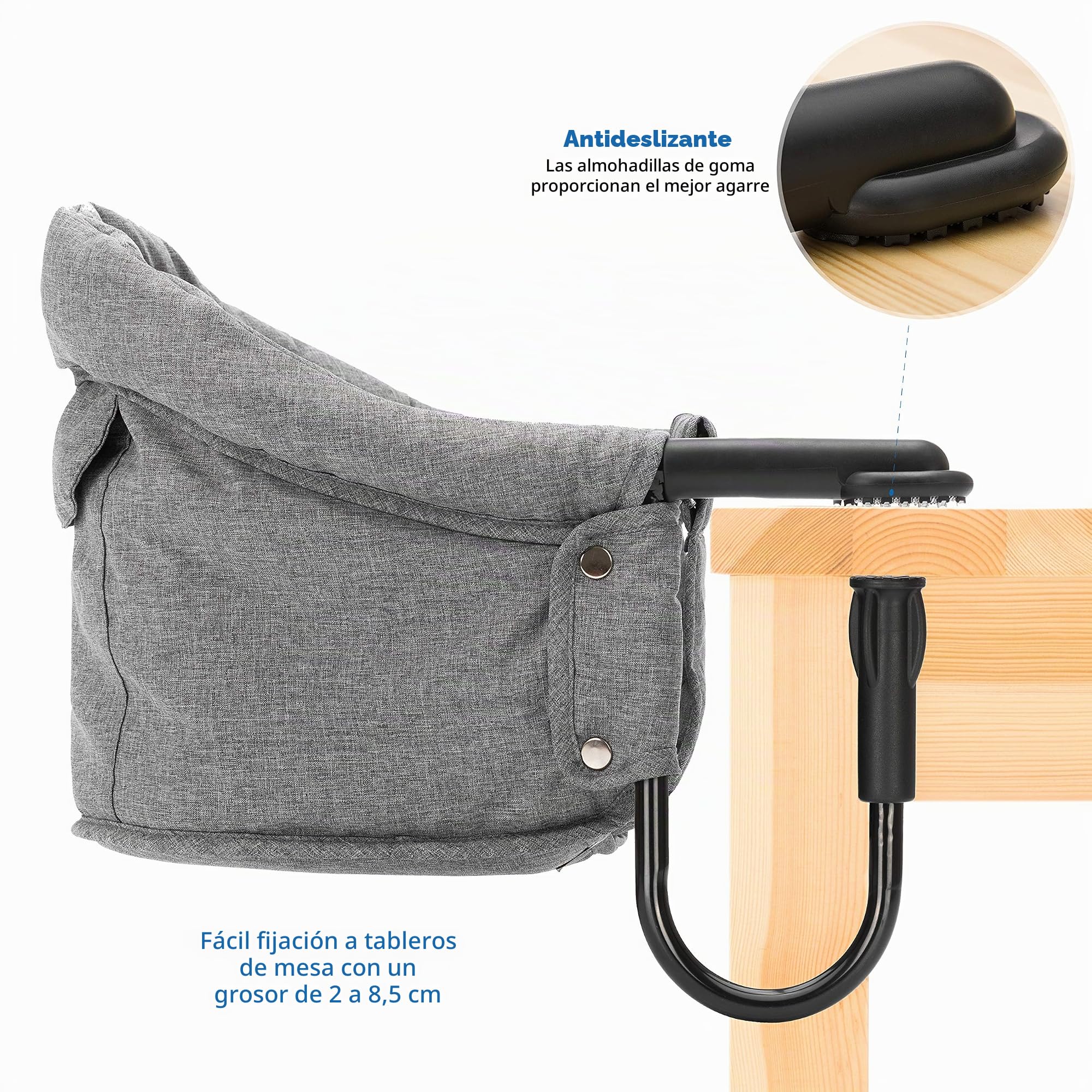 Fillikid Trona Portatil Bebe Plegable, Silla Ajustable a la Mesa con Enganches Antideslizantes, Asiento de Mesa hasta 15 kg, Bolsa de Transporte - Gris