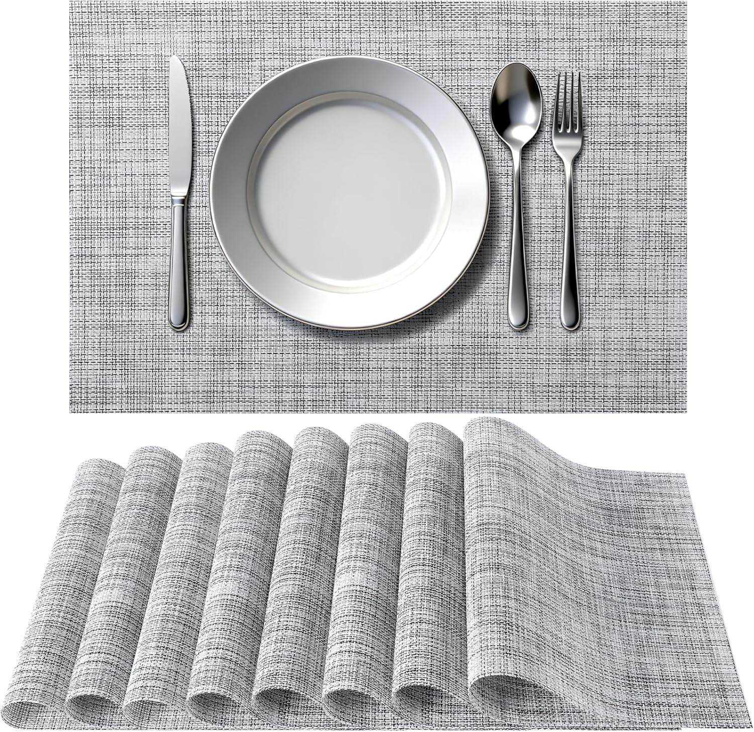 Timeet Placemats Set of 8, Heat Resistant Non-Slip Place Mats for Dining Table, Durable Washable PVC Vinyl Woven Table Mats, Linen Textured Placemats for Kitchen Resistant Easy to Clean(Gray