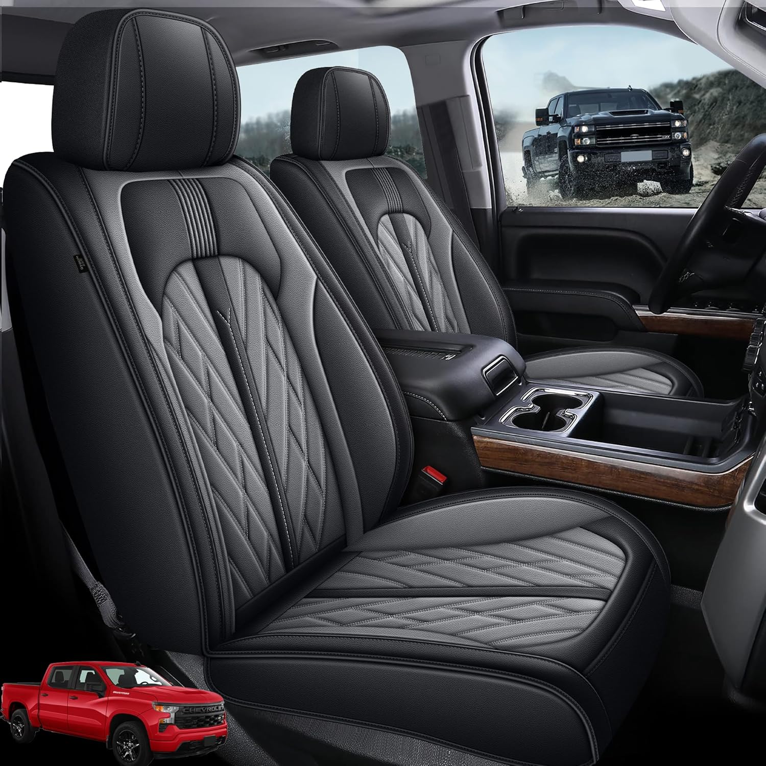 TTX LIGHTING Seat Covers Fit for 2007-2025 2026 Chevrolet Chevy Silverado GMC Sierra 1500 2500HD 3500HD Leather Truck Seat Covers Full Set (#073 Black&Grey, 5 Seats)
