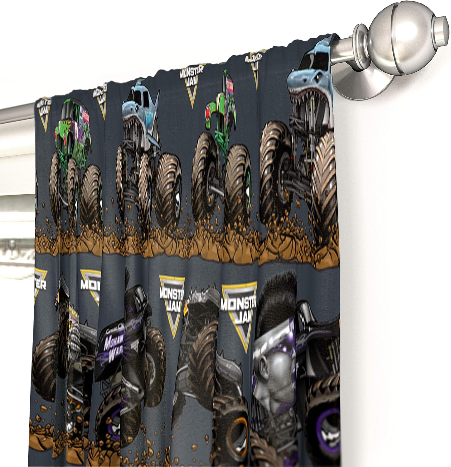 Jay Franco Kids Window Drapes - 4 Piece Curtain Set Includes 2 Tiebacks, Beautiful Bedding Room Décor and Easy Set Up, Black - Monster Jam, 84 Inch