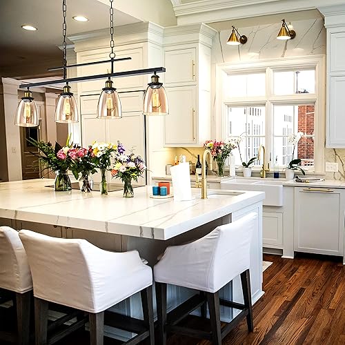 Miniatura 4 de Edvivi Lámpara de araña lineal industrial con pantallas de vidrio ámbar, luz de techo negra antigua para isla de cocina, comedor y mesa de billar