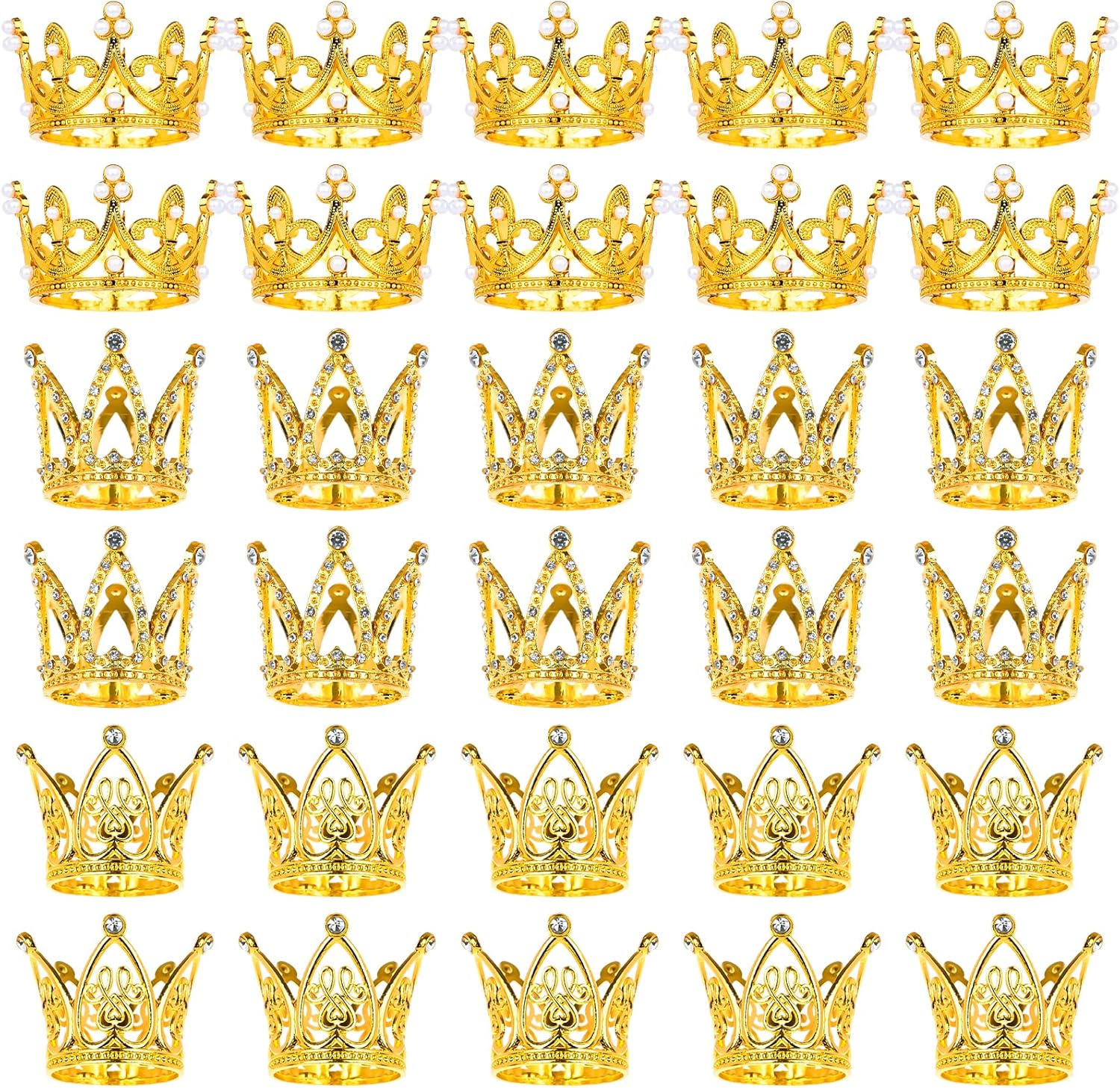 30 Pcs Crowns for Flower Bouquets, Gold Crown Cake Topper, Mini Crown for Flower Bouquet, Pearl Tiara Princess Gold Crown for Wedding Baby Shower Birthday Mothers Day Graduation Party Decor 3 Style