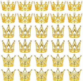 MJOGGOTT 30pcs Gold Mini Crowns for Flower Bouquets & Cake Toppers - 3 Styles Rhinestone Pearl Crowns for Weddings Birthdays Baby Showers