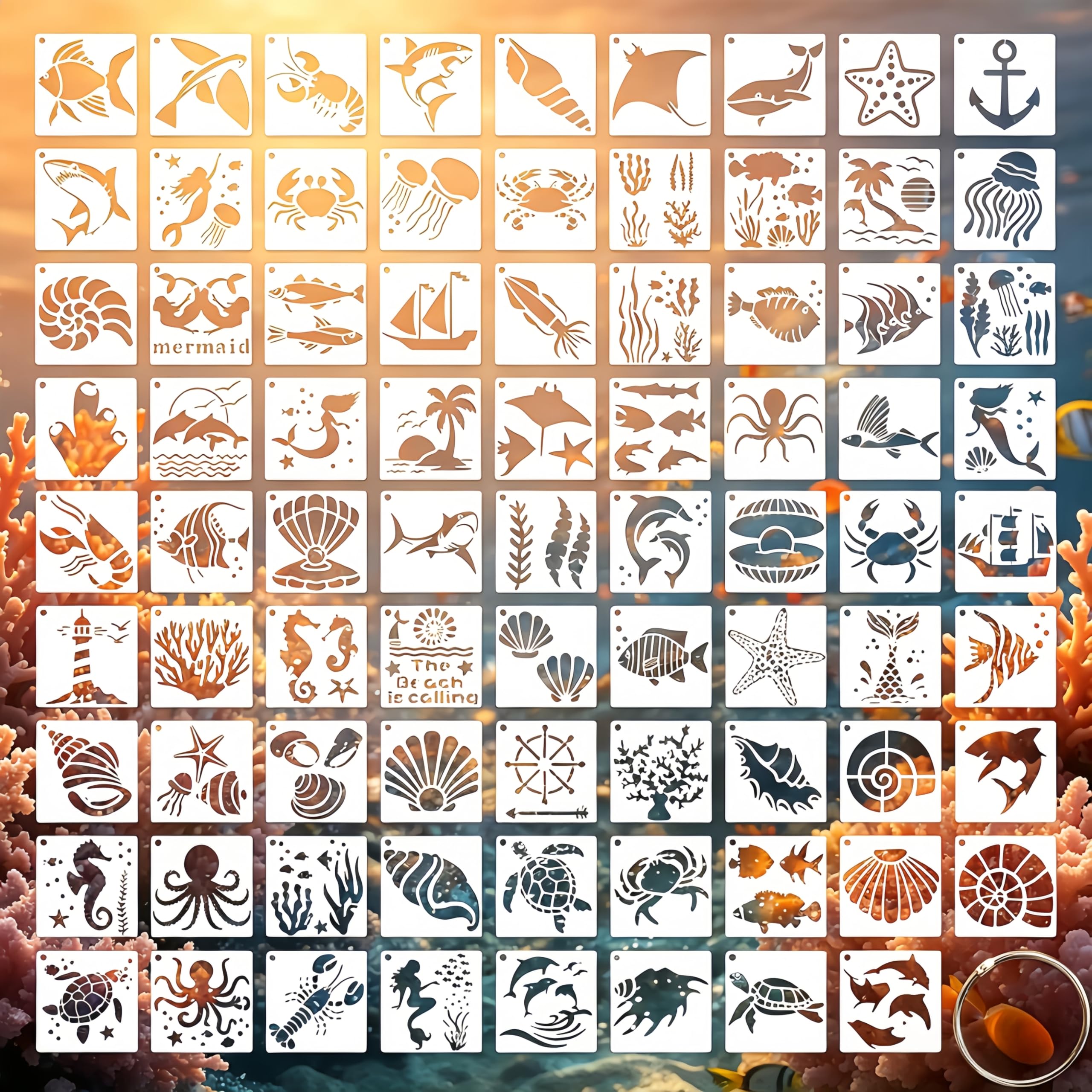 80Pcs Ocean Animal Painting Stencils Set, Reusable 7.6CM Sea Life Marine Creature Templates, DIY Art Craft Stencils for Kids Adults, Ideal for Wood, Canvas, Wall and Home Decoration