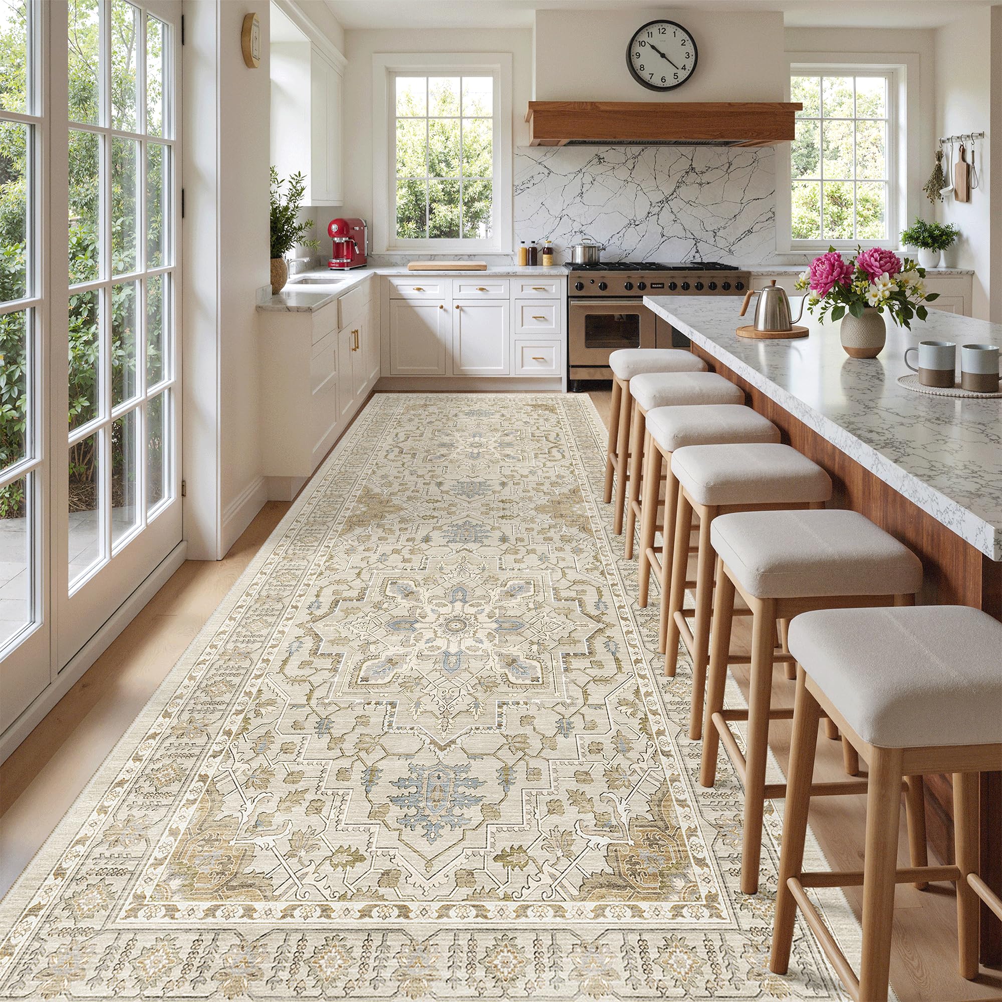 Madane 4x10 Wide Hallway Runner Rug: Washable Soft Rug Runners for Living Room Bedroom, Stain Resistant Low Pile Area Rugs Non Slip Floor Carpet for Ktichen (Beige/Blue, 4x10)