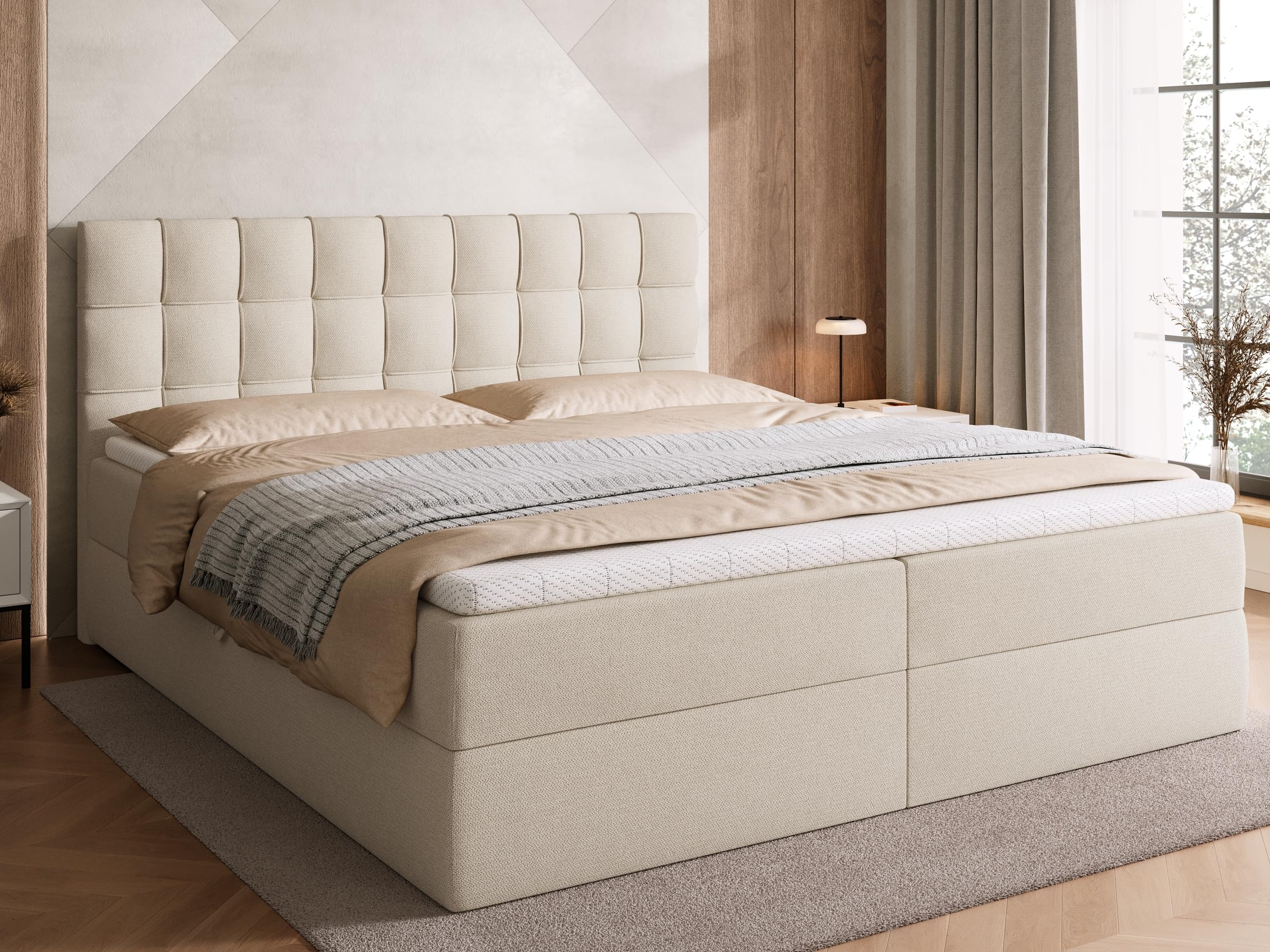 BROMARKT Boxspringbett 180x200cm mit Topper und Bettkasten H3 Beige | Doppelbett für Schlafzimmer mit Bonell Matratze Stauraum und gepolsterte Kopfstütze Bett Bed Einzelbett Federkern DETROIT