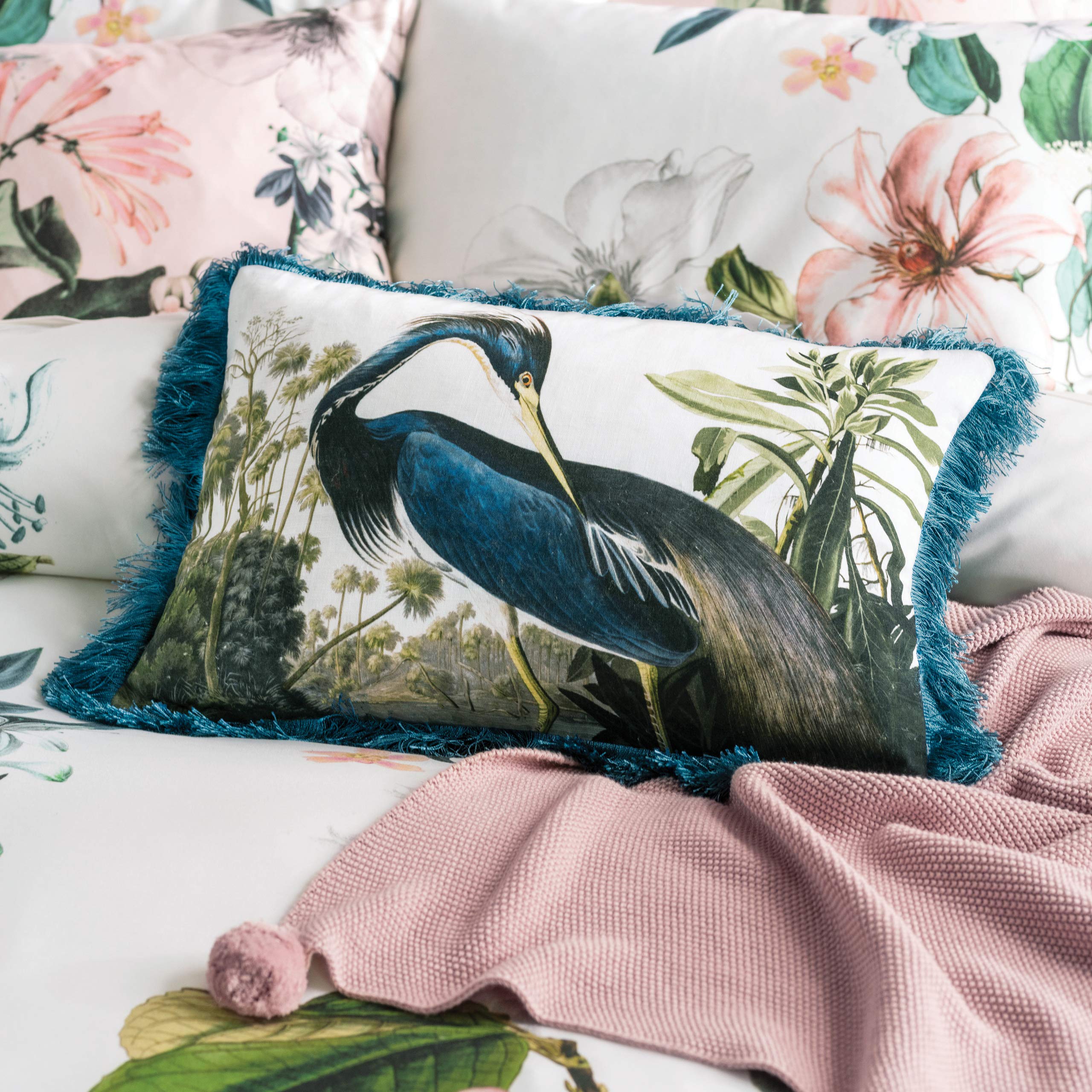 Federa Cuscino Decorativo 65x65cm Linen House Glasshouse - Motivo Botanico Tropicale Multicolore, 100% Cotone