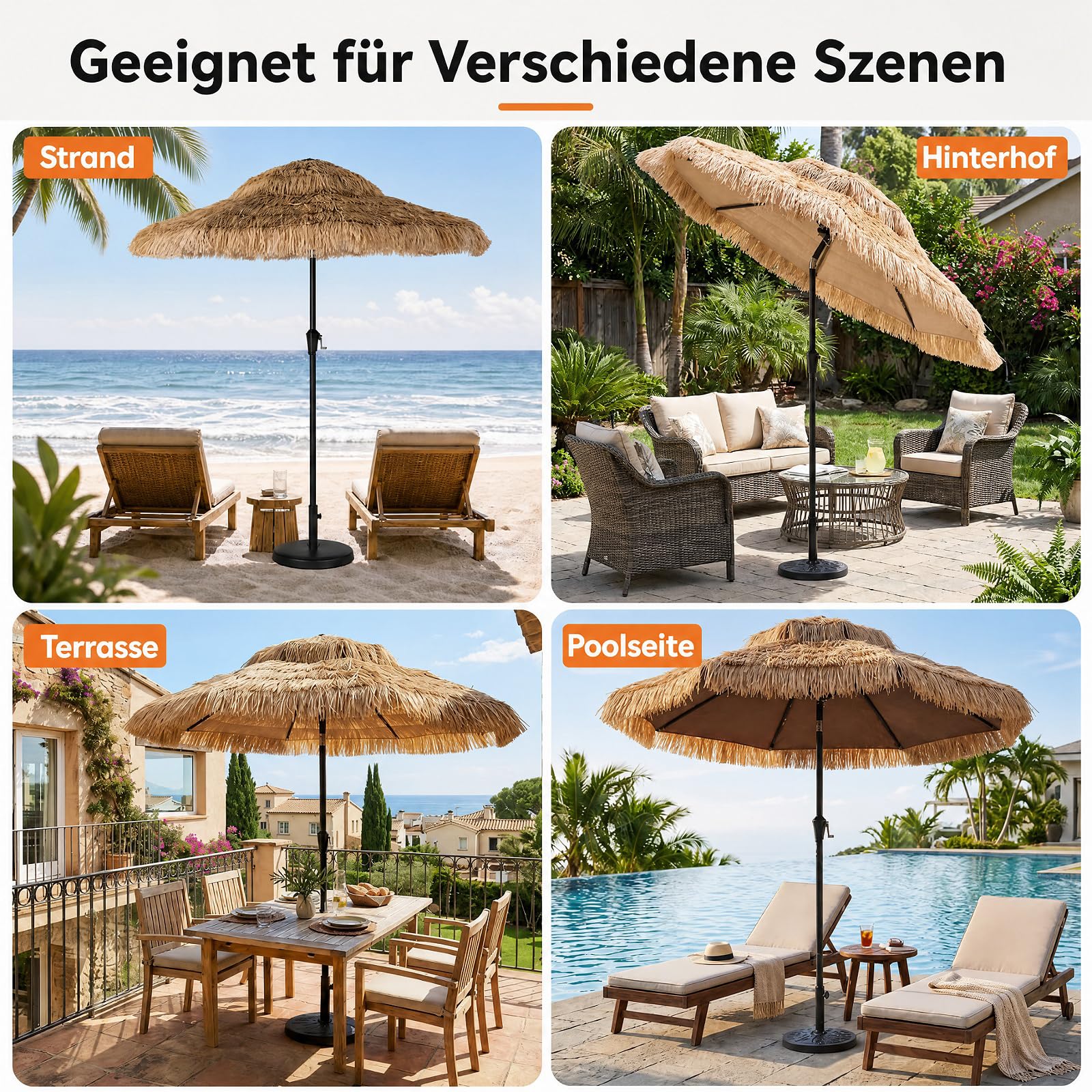 COSTWAY Sonnenschirm Hawaii 250 cm, Gartenschirm mit Kurbel, Strohschirm | Stroh Strandschirm, beidseitig um 30° knickbar, Marktschirm, Terrassenschirm für Garten, Balkon, Terrasse