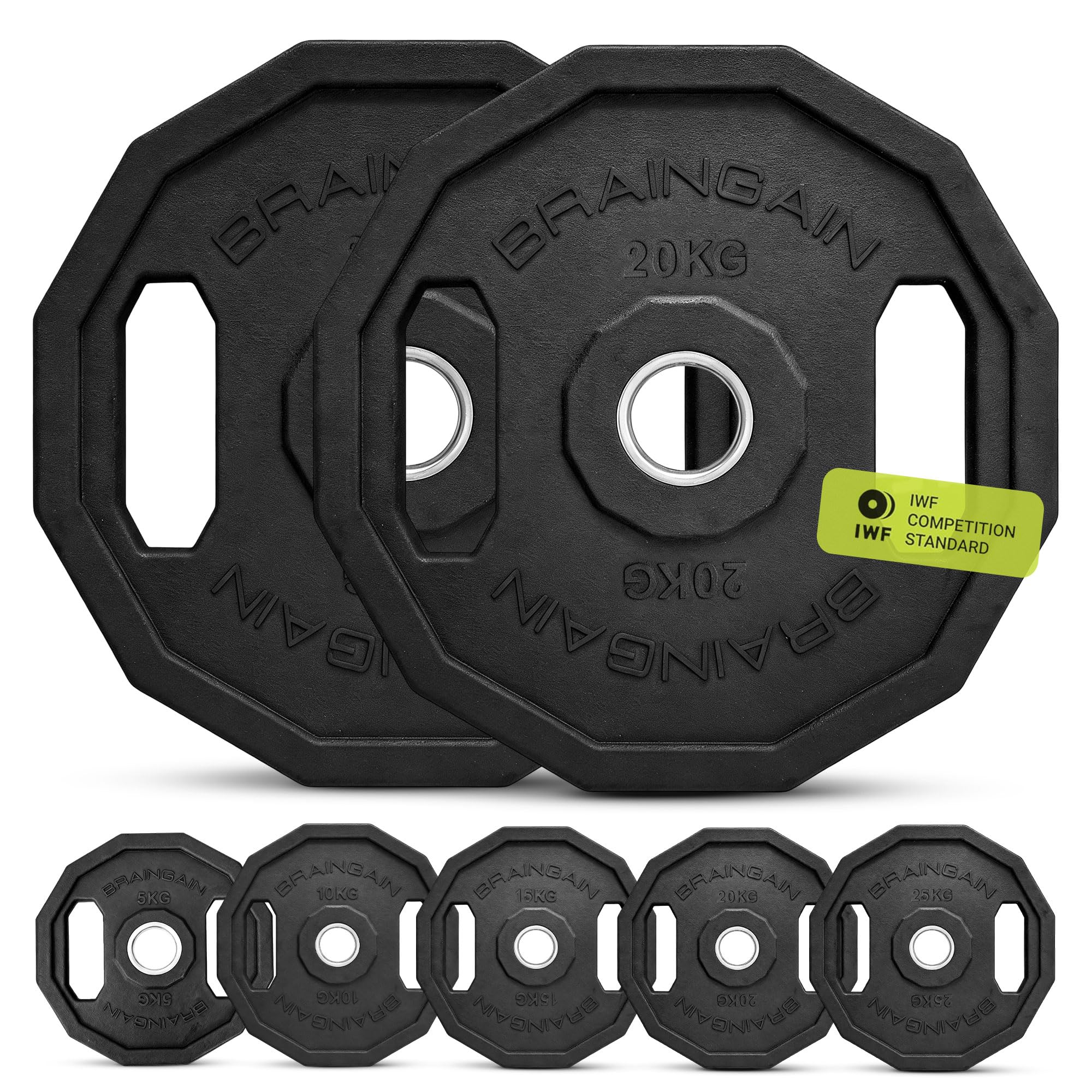 Olympic Weight Plates, 12-Sided Rubber Coated, Black - Available in 5KG, 10KG, 15KG, 20KG and 25KG (20.0, Kilograms)