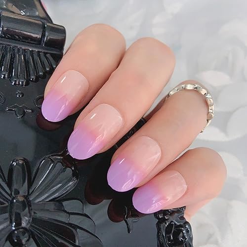 IKISKT Uñas postizas a presión, uñas postizas ovaladas francesas de color morado degradado, pegamento de gel UV en acabado de uñas postizas, uñas