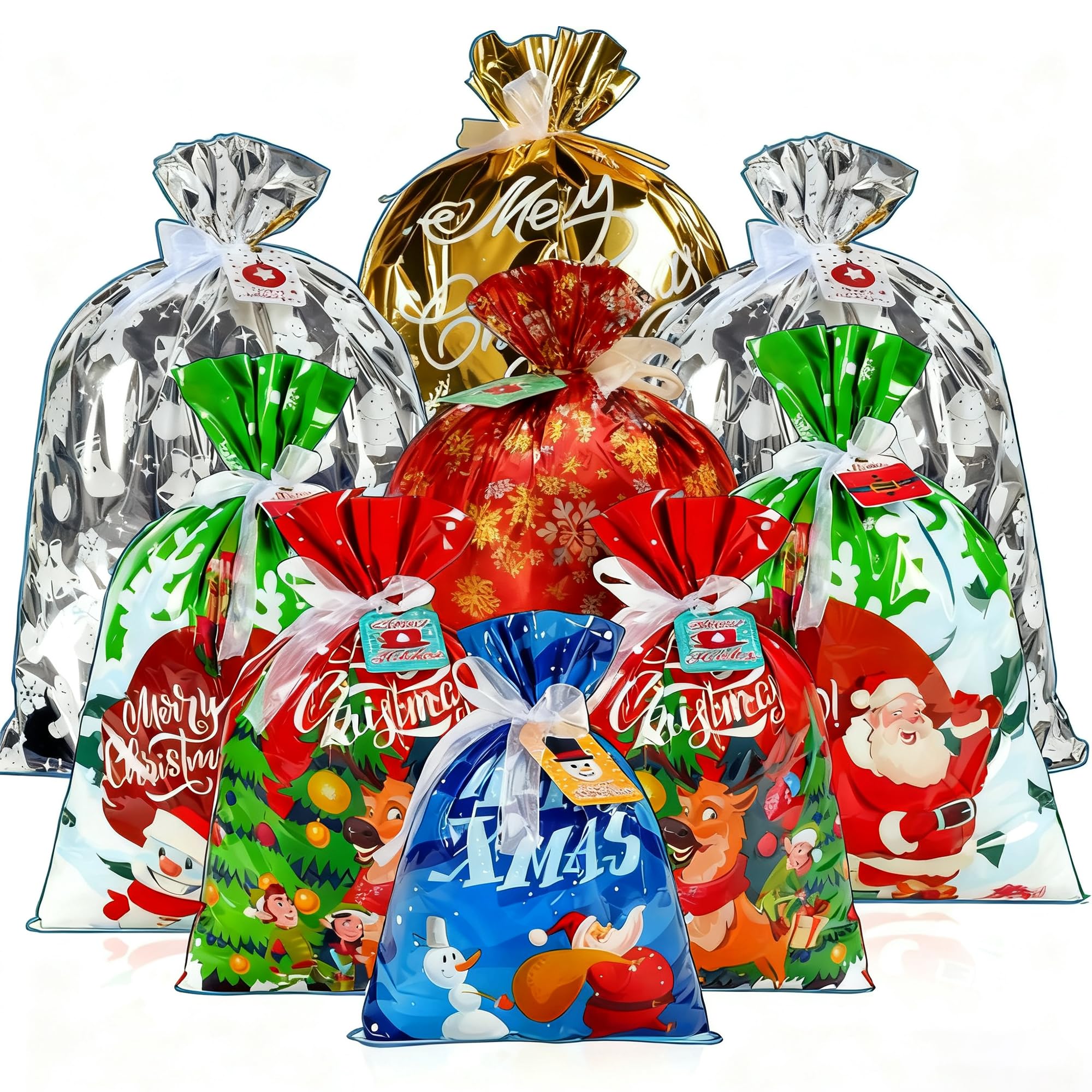 JOYELL 30Pcs Christmas Multi-Size Wrapping Gift Bags with Ribbon, Xmas Reusable Plastic Bags for Presents Birthday Christmas Decoration (6 Patterns, 5 Small, 5 Medium, 10 Large, 10 Extra Large）