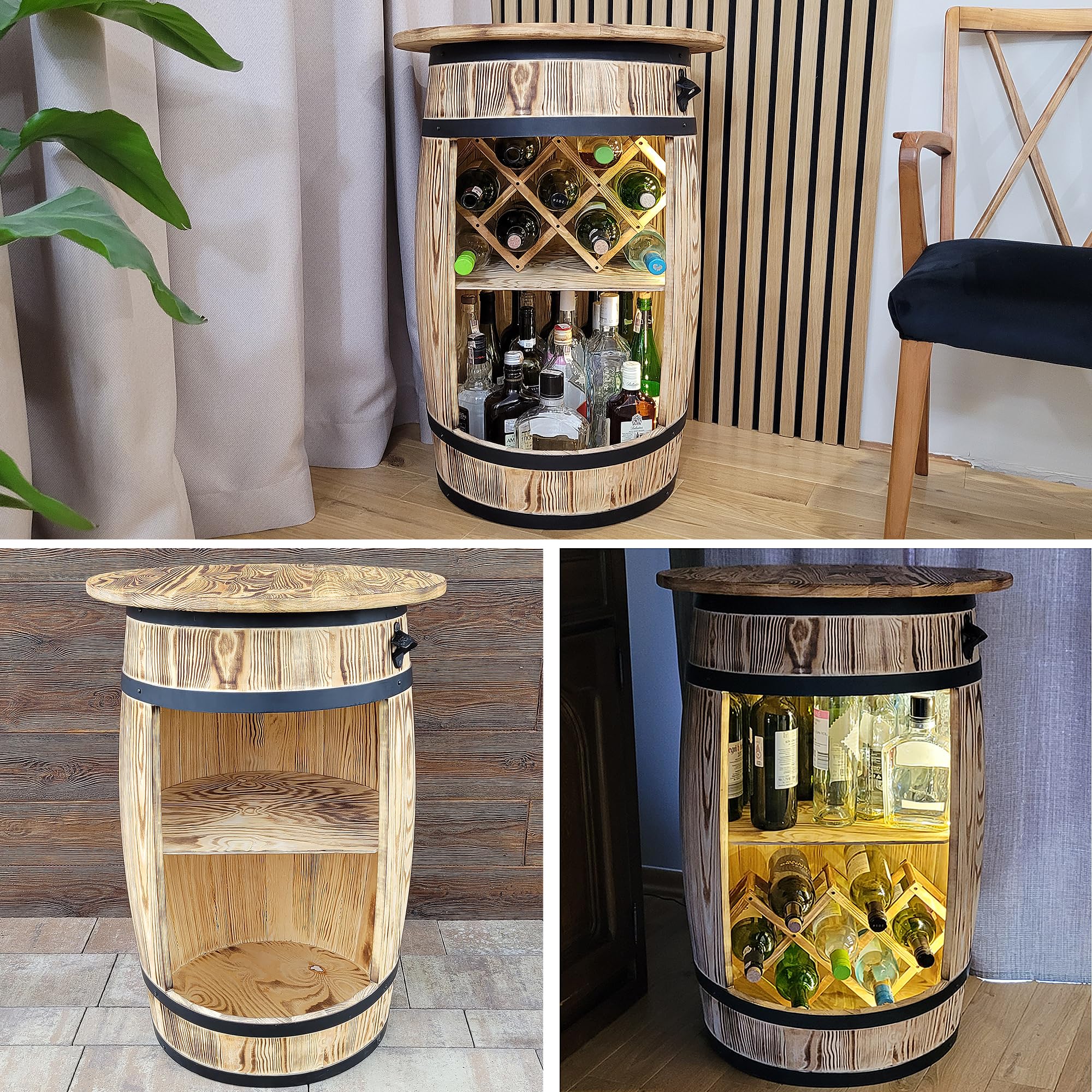 weeco Tonneau en bois avec top blat et porte-vin et lampes LED - Table de bar - Armoire à vin de style rétro - Table de bar - Baril en bois avec couvercle - 80 x 50 cm