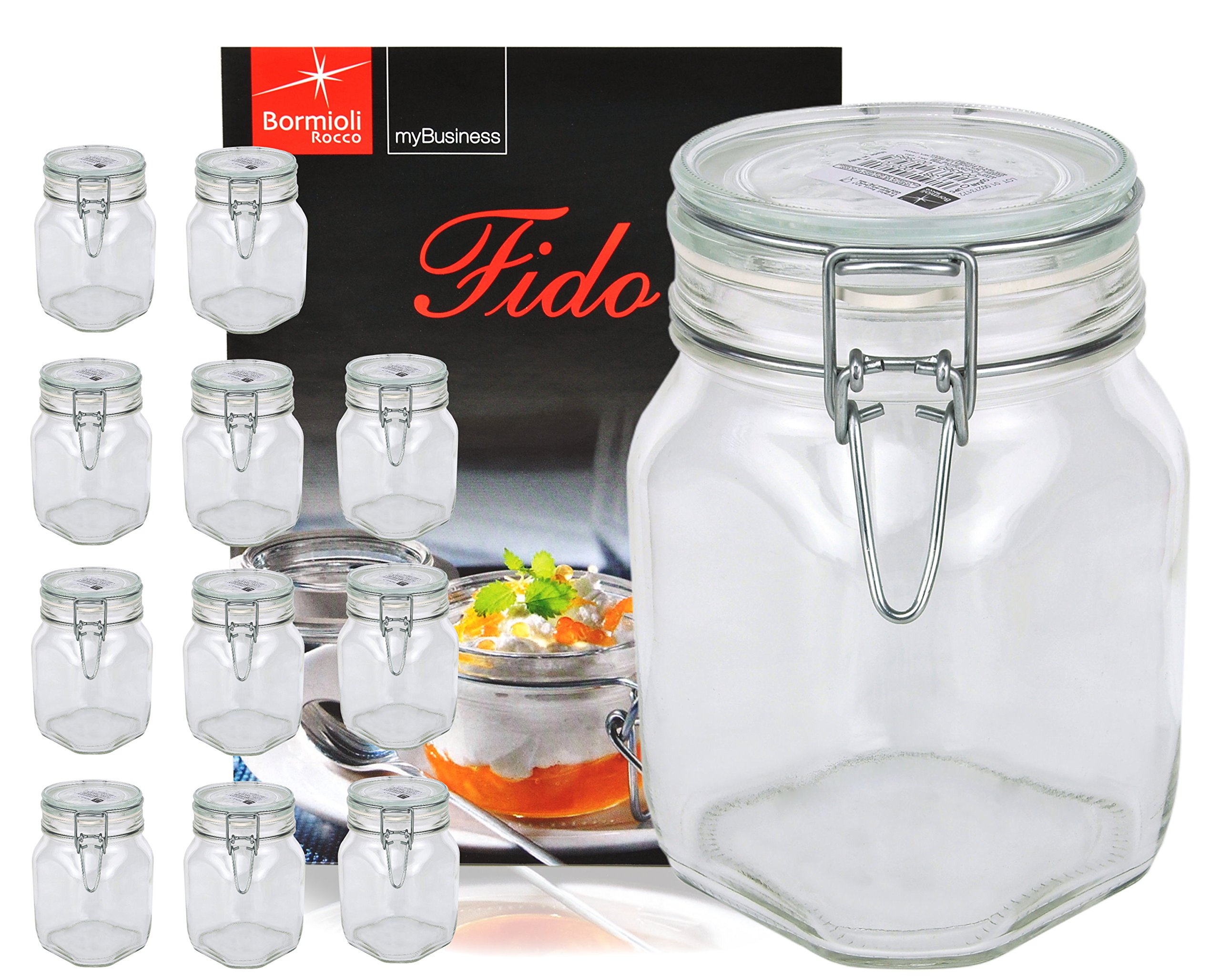 Bormioli Fido - Juego de 12 tarros (1,0 L, cierre hermético, incluye cuaderno de recetas)