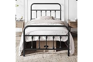 Yaheetech Classic Twin Bed Frame with Victorian Style Iron-Art Headboard with Built-in Storage in Black