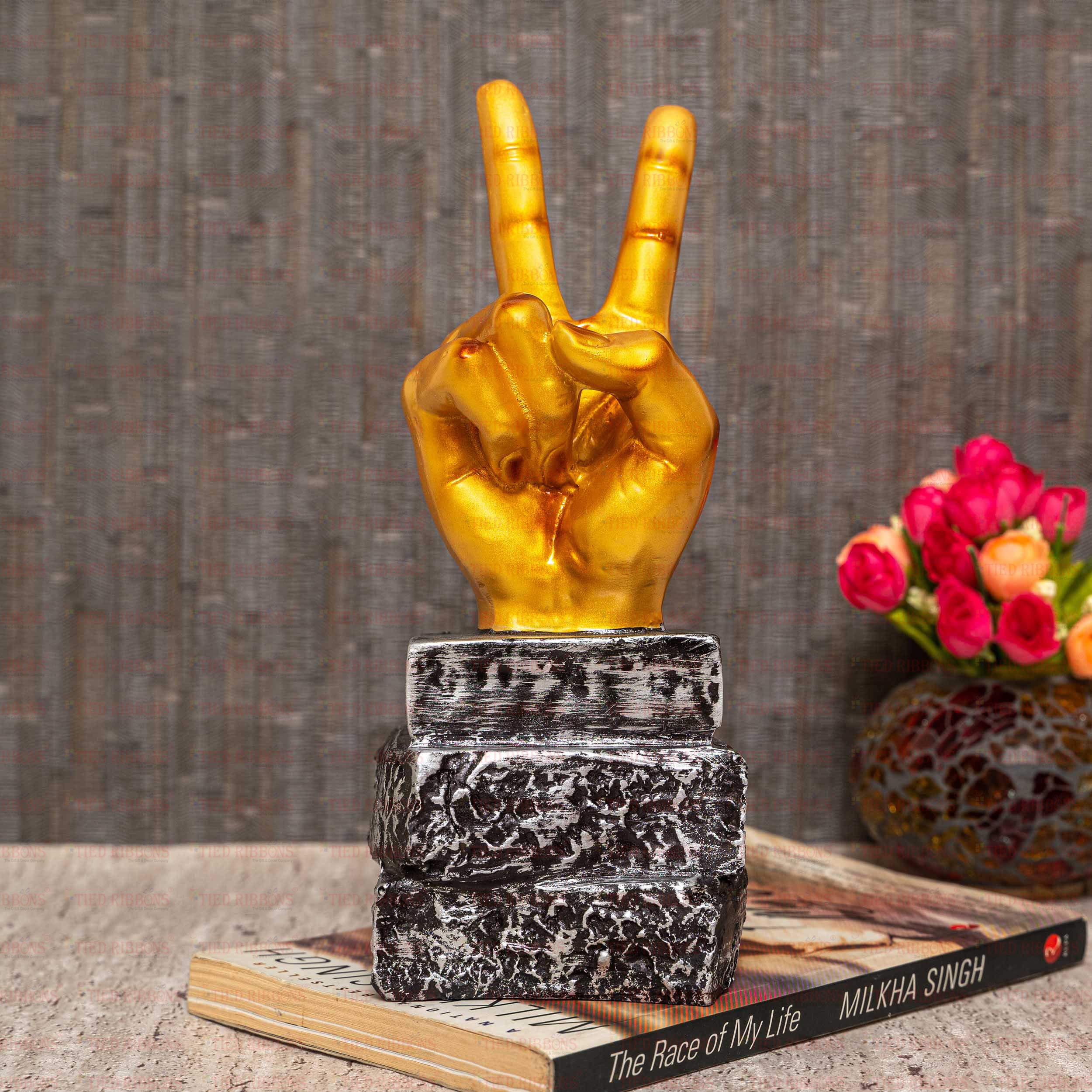 TIED RIBBONSDecorative Victory Sign Hand Showpiece Desk Statue Collectible Figurines for Home Décor Living Room Bedroom Wall Shelf Office Table Decoration Item (Gold, Resin, 23 cm x 8.8 cm)
