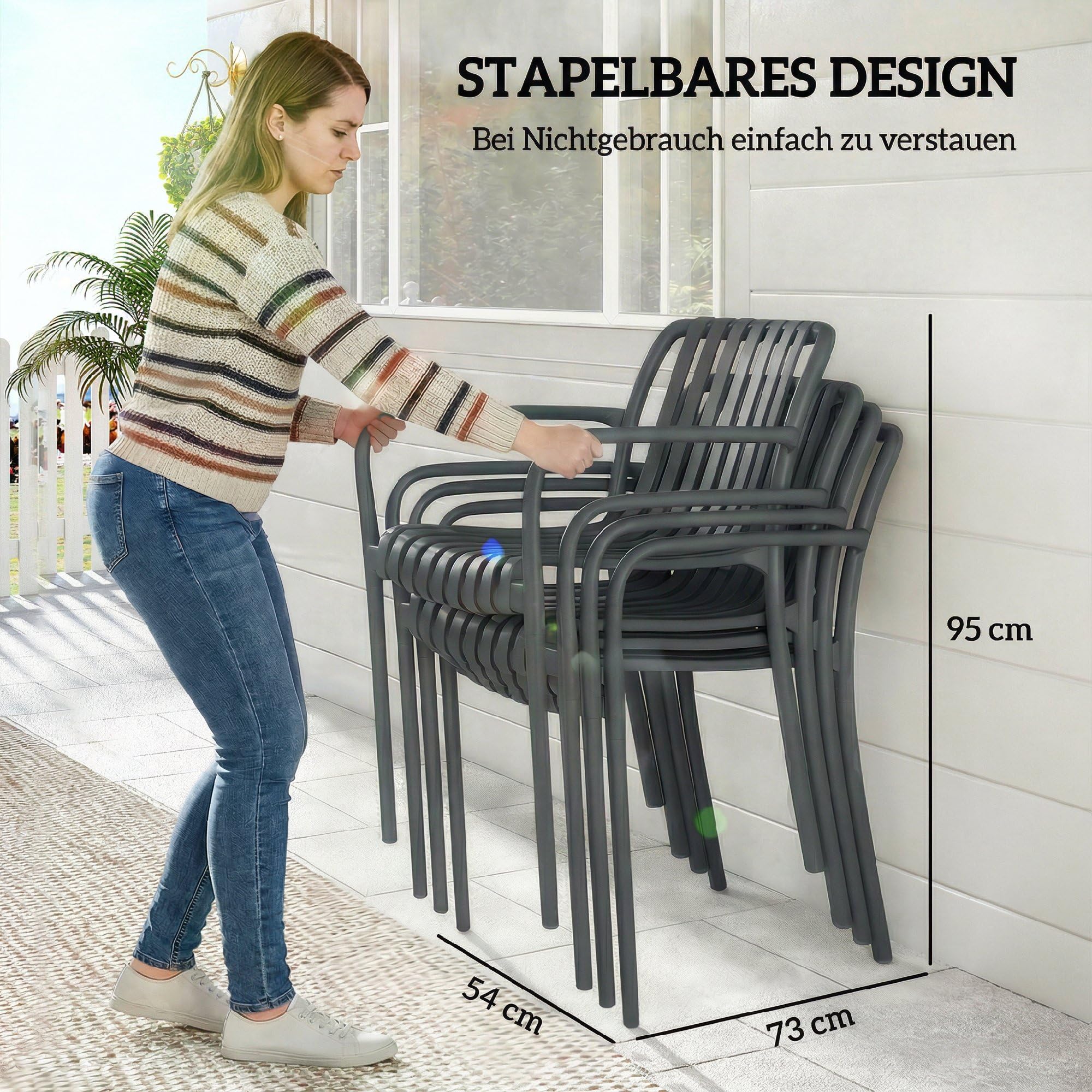 Outsunny Gartenstühle 4er Set Stapelbare Terrassenstühle mit Lamelldesign Armlehnen, Ergonomisch Balkonstühle bis 120 kg Stapelstühle für Garten, Balkon, Terrasse 55 x 58,5 x 81,5 cm Dunkelgrau