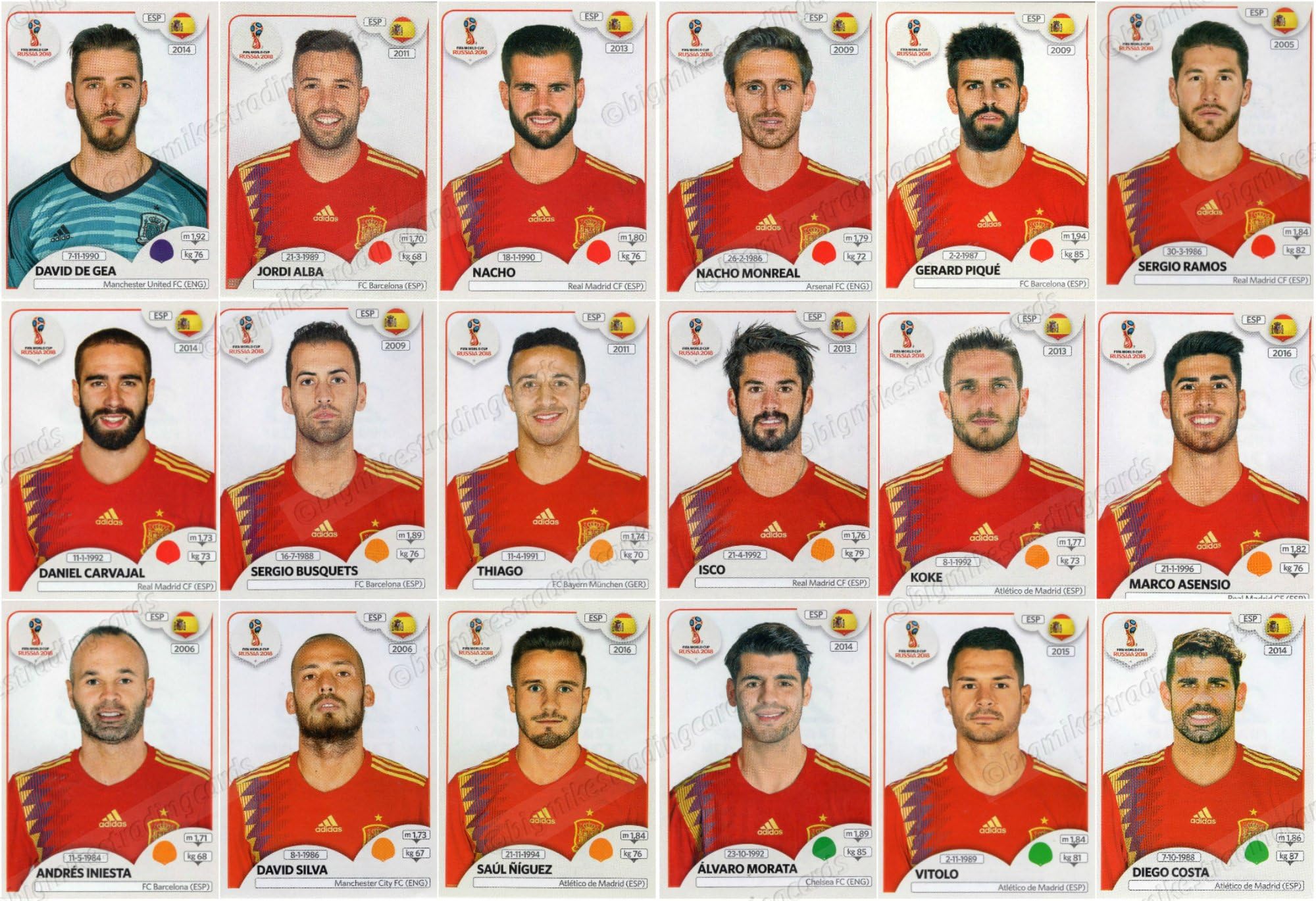 World Cup 2018 Stickers - 18 Spain Stickers - Team Set - Players ONLY #134 - #151