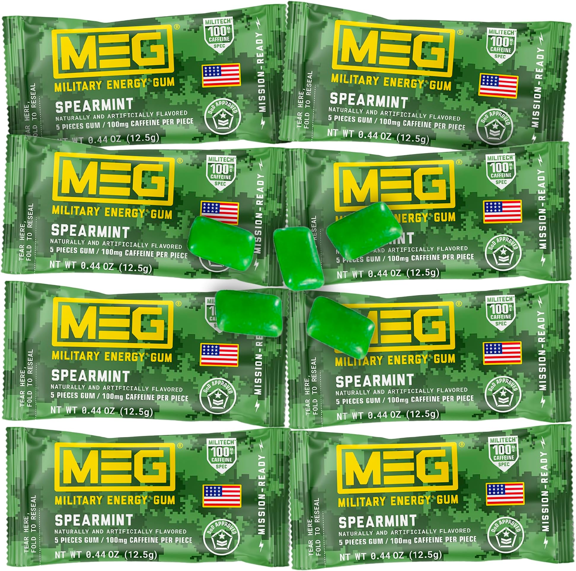 MEG - Military Energy Gum | 100mg of Caffeine Per Piece + Increase Energy + Boost Physical Performance + Spearmint 8 Pack (40 Count)