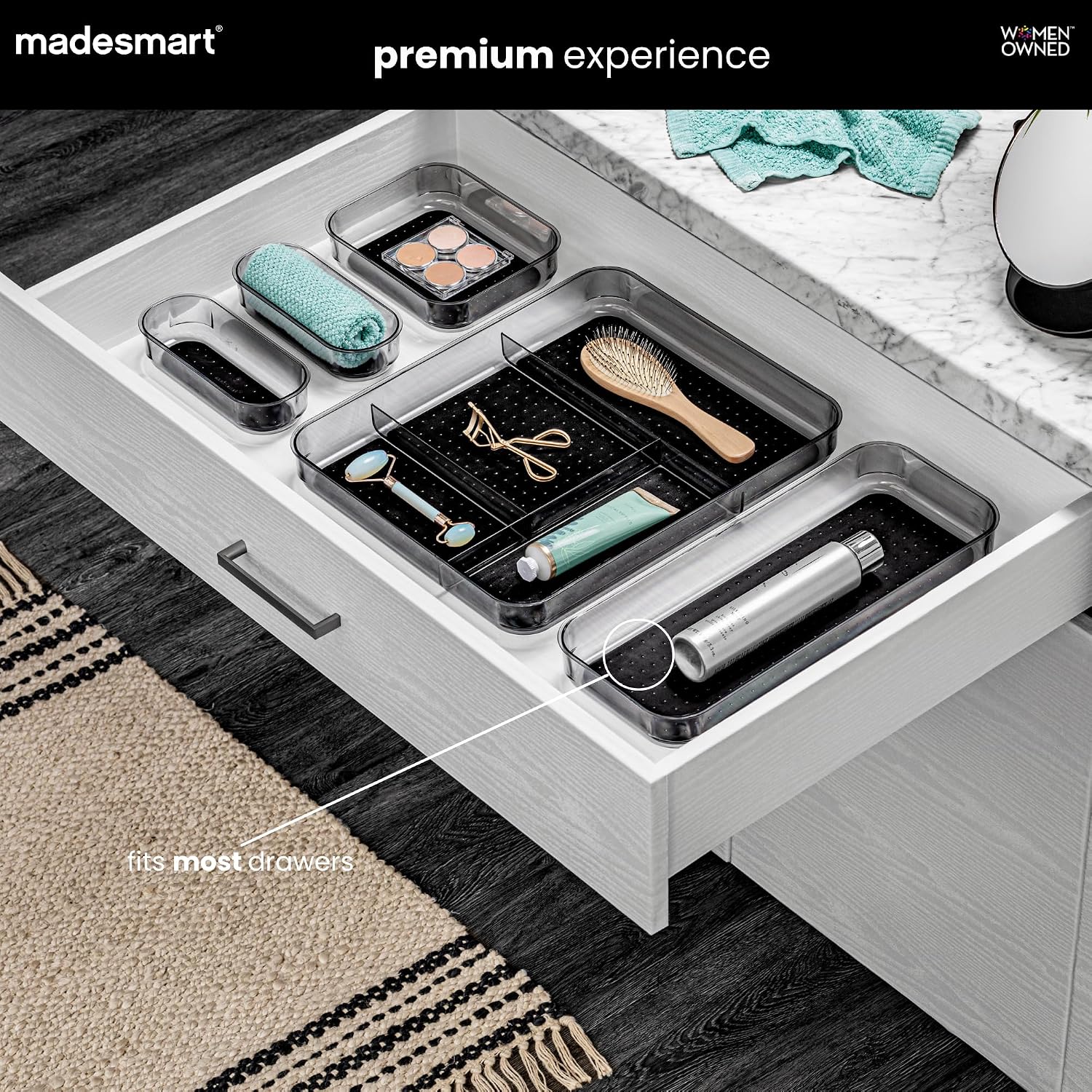 madesmart Premium 4 Piece Clear Storage Bin Set, Modular Drawer Organizers for Office, Kitchen, Bathroom & Home, Soft Grip Lining, Non Slip Base, Durable Plastic, Carbon