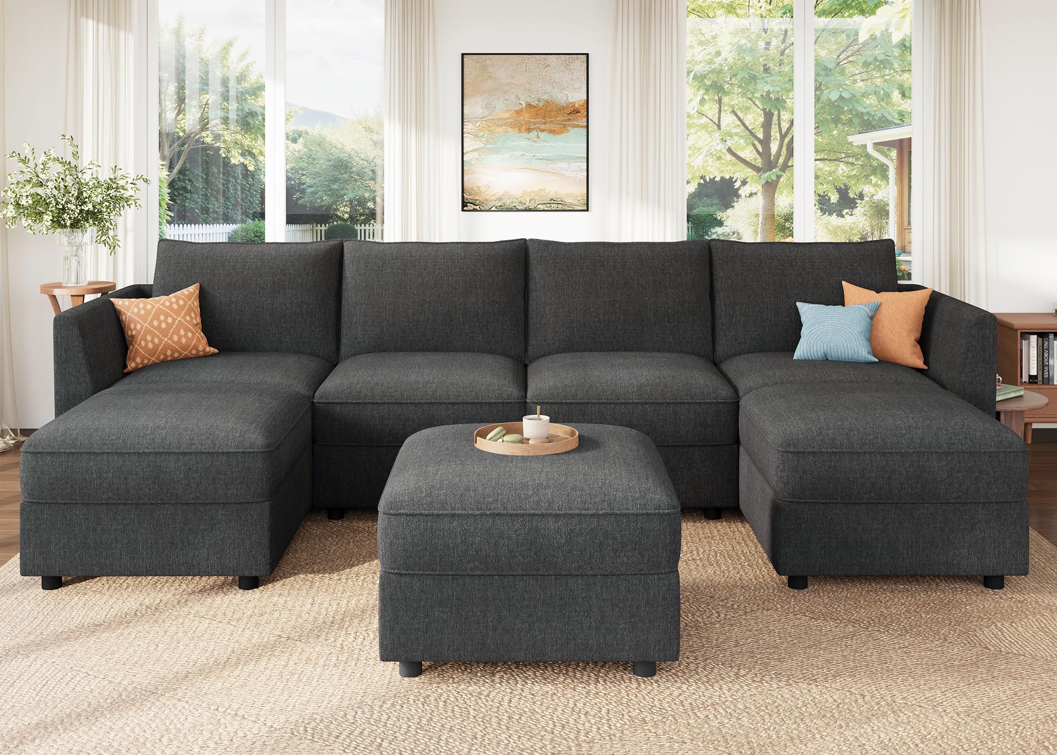 HONBAY Modular Sofa U Shaped Sectional Couch with Storage, Snowflake Velvet Grey