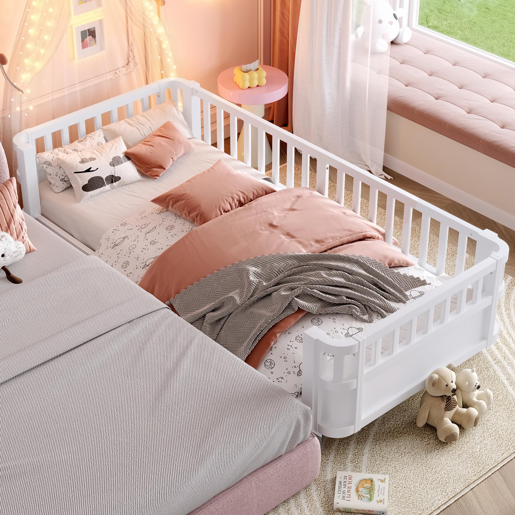 Twin XL Montessori Bed with Fence and Slats, Twin XL Low Platform Bed Frame with Detachable Side Bed Rails and Rounded Corner Design, Easy Assemble Montessori Bed White