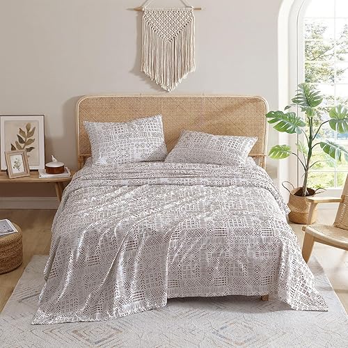 Indigo Ink - Juego de sábanas matrimonial, acogedora ropa de cama geométrica de 4 piezas con fundas de almohada a juego, decoración bohemia para el