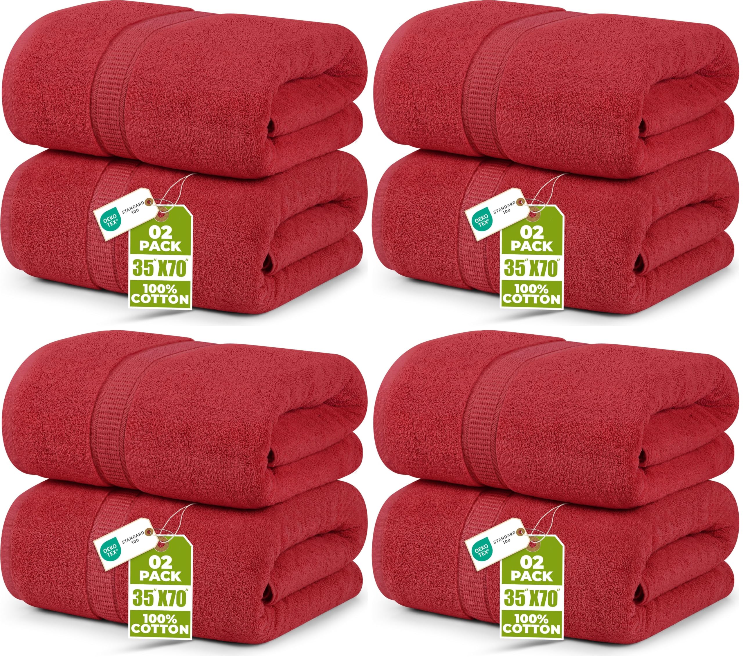 Utopia Towels Luxurious Jumbo Bath Sheet 2 Piece, 600 GSM, 35 by 70 Inches, 100% Ring Spun Cotton, Highly Absorbent and Quick Dry Extra Large Bath Towel, Super Soft Towel, Red (Pack of 4)