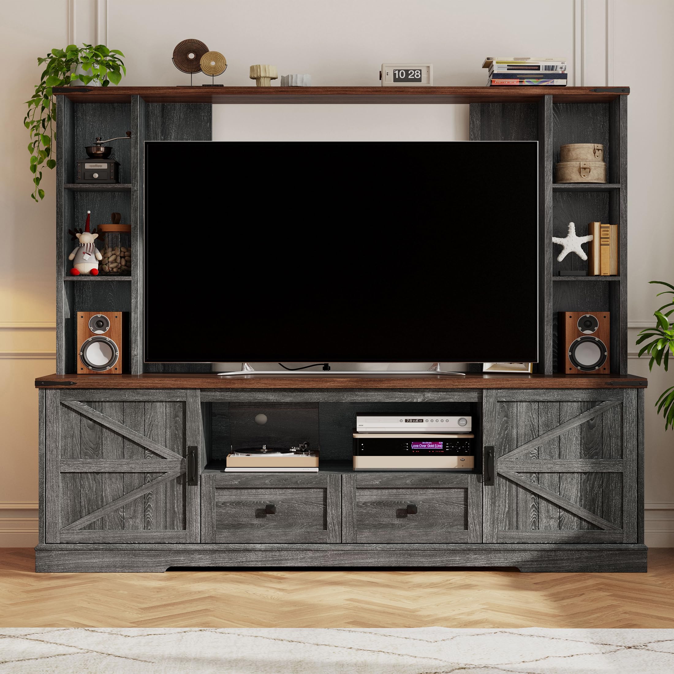 EnHomee Entertainment Center with 2 LED Lights & Power Outlets, Large Farmhouse Wall Unit Entertainment Center for 60 Inch Television Stand, TV Stands for Living Room with Storage Shelf, Dark Grey