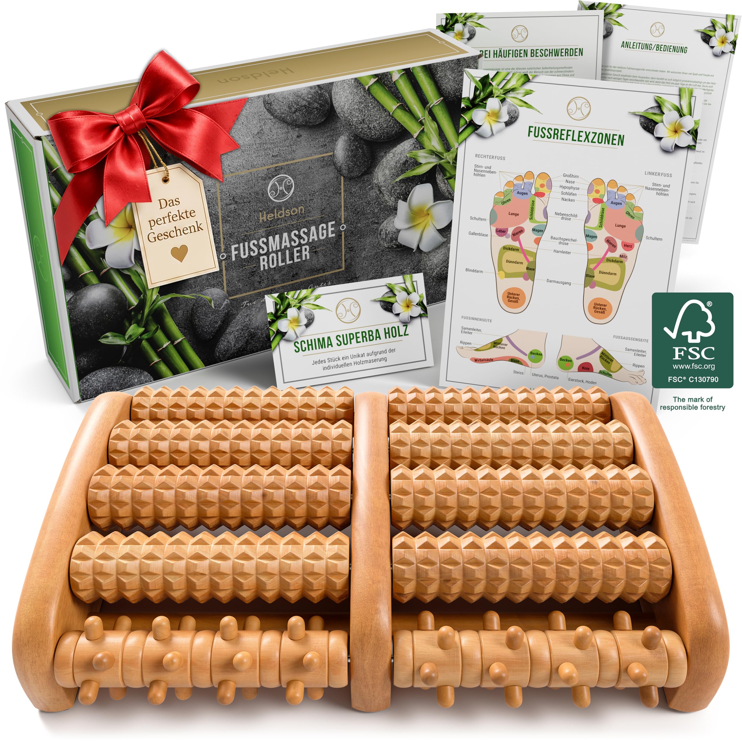 HELDSON® Rouleau de Massage en Bois • Appareil de Massage des Pieds • Drainage Lymphatique & Solution de Relaxation Manuel • Thérapie Reflexologie Plantaire