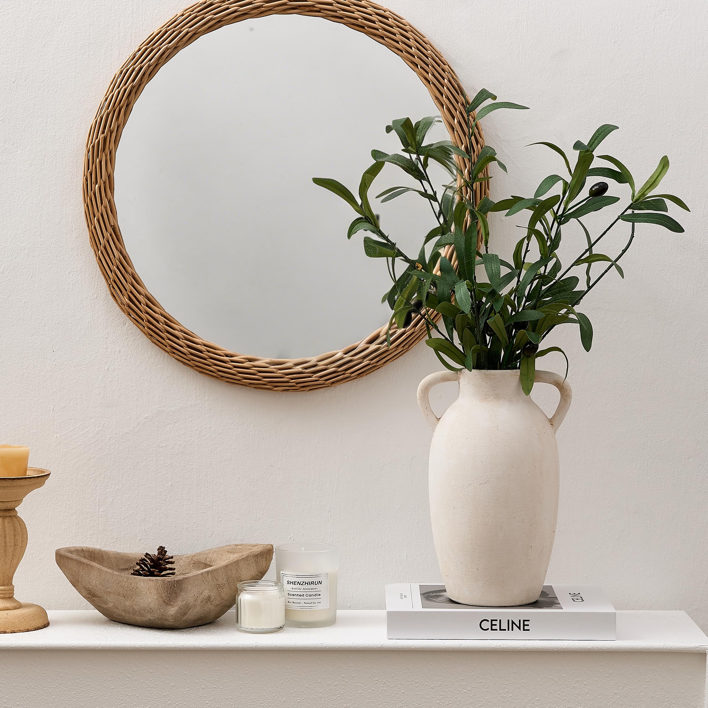PORCER Vaso in ceramica, 24 cm, vaso decorativo in terracotta con manici, decorazione bohémien, vaso rustico per la casa, fattoria, soggiorno, tavolo - beige