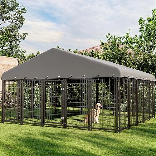 Miniatura 6 de Perrera para perros de 120 x 119 pulgadas en el exterior, grande con puerta de alimentación y doble cerradura, jaula resistente a la intemperie y
