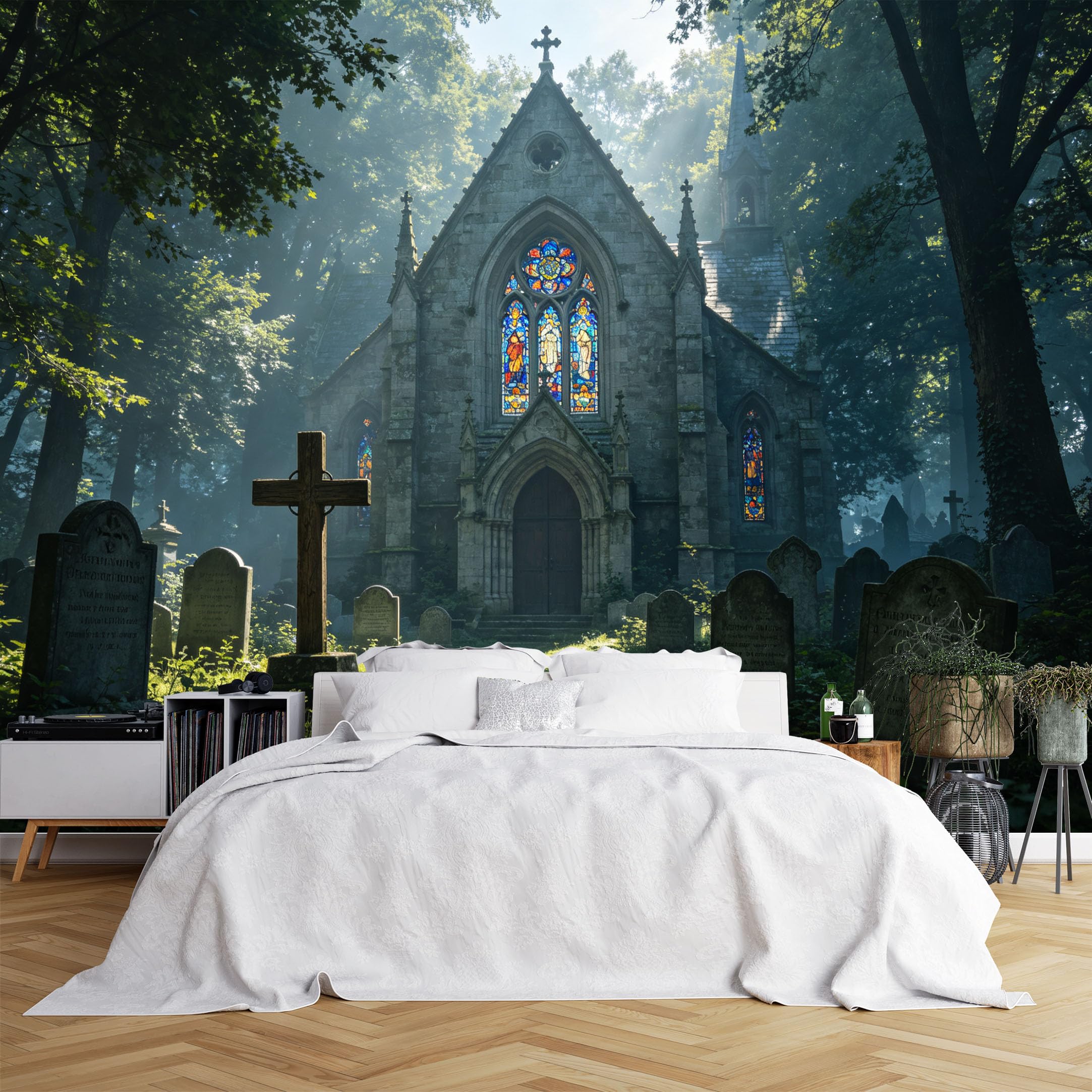 Lcythiazole Ch260615095 Custom Size Wall Murals Old Church Graveyard Forest Sunbeam Wall Murals Realistic Vintage Wallpaper Wall Covering Fabric Self-Adhesive Removable Wallpaper For Entryway