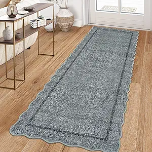 GarveeHome Scalloped Washable Runner Rug 2x8 Modern Non Slip Kitchen Rugs Distressed Blue Entryway Rug Farmhouse Hallway Runner Soft Bathroom Rugs Stain Resistant Carpet for Laundry Bedroom 2'x8' Grey