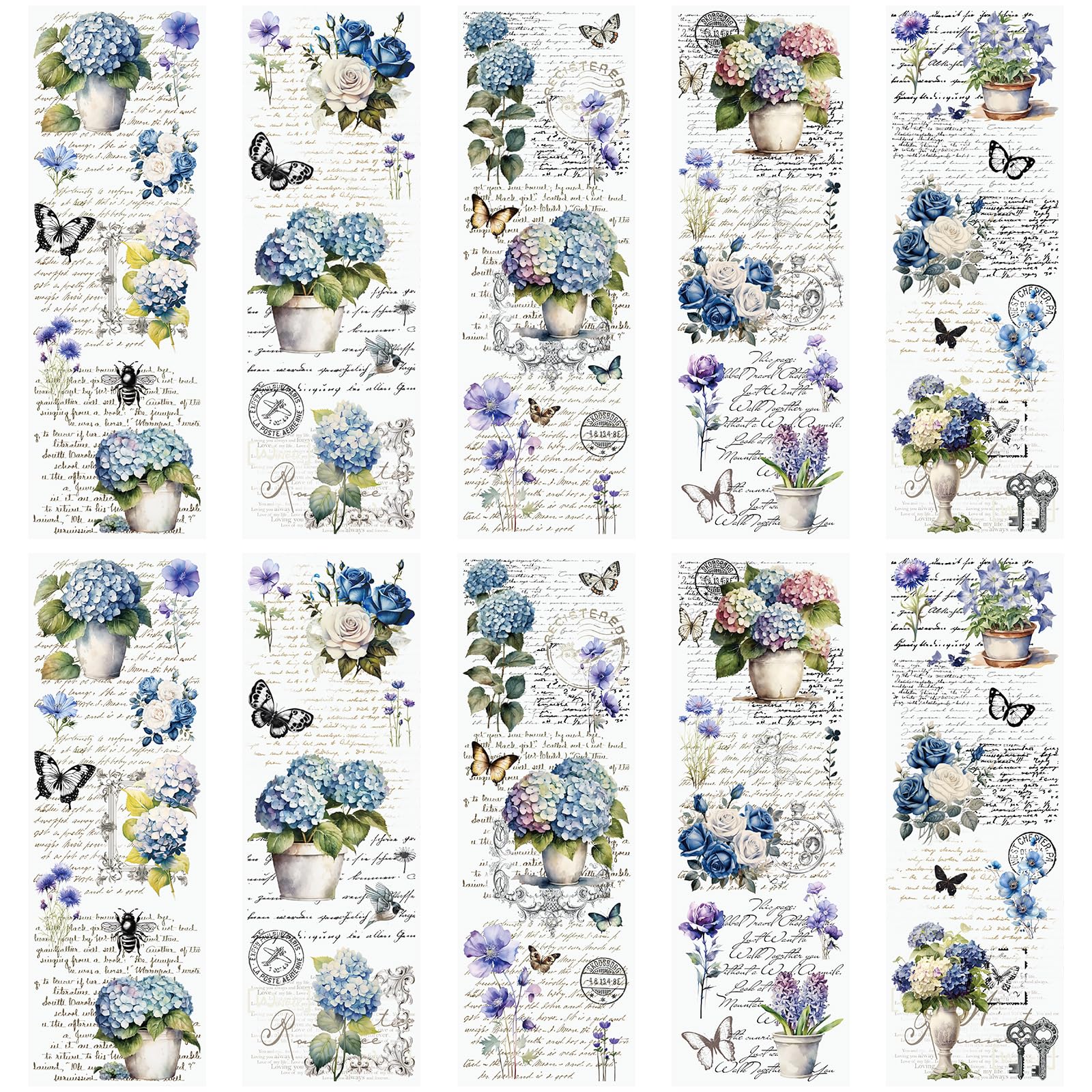 WANDIC 10 Sheets Rub On Transfer Stickers Vintage Blue Floral Decals Waterproof Stickers Furniture Windows Craft Decals for Home Office,11.8 * 3.9in