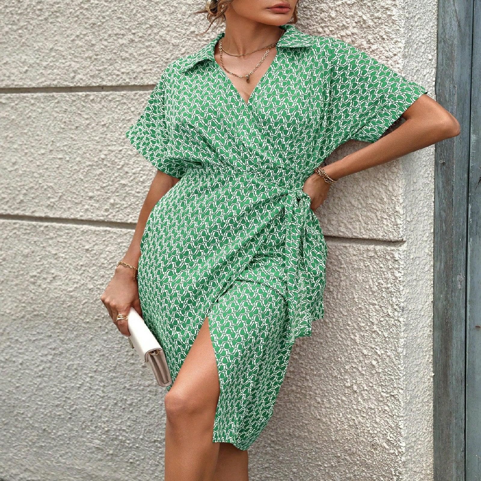 Abiti da Donna Abito Lungo Stampato Estivo Casual Manica Corta con Scollo A V Attillato in Vita-Rosso-l