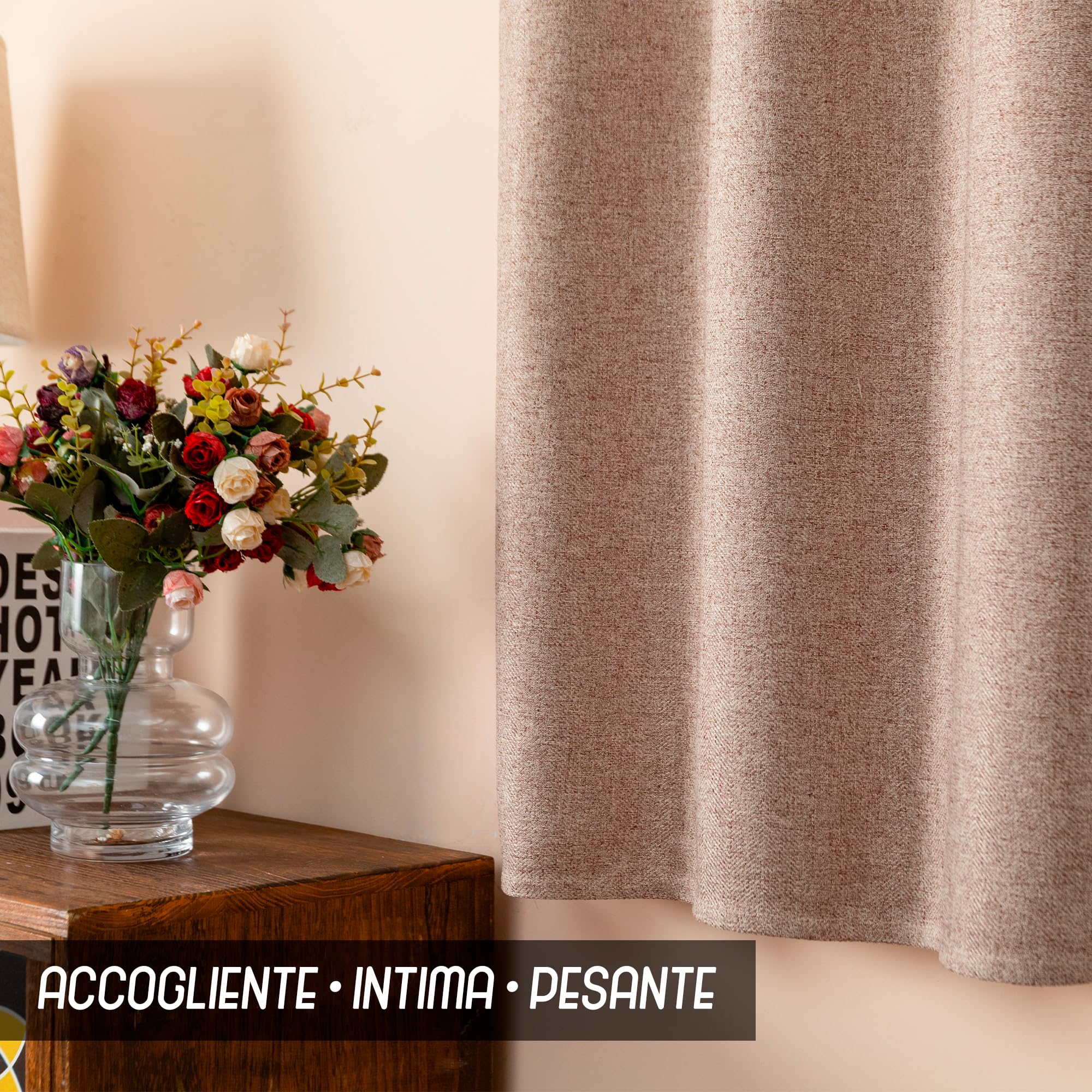 GIRASOLE HOME® Paire de rideaux semi-occultants effet lin texture nervurée lourde pour intérieur 2 panneaux avec poche (marron, 70 x 133 cm)
