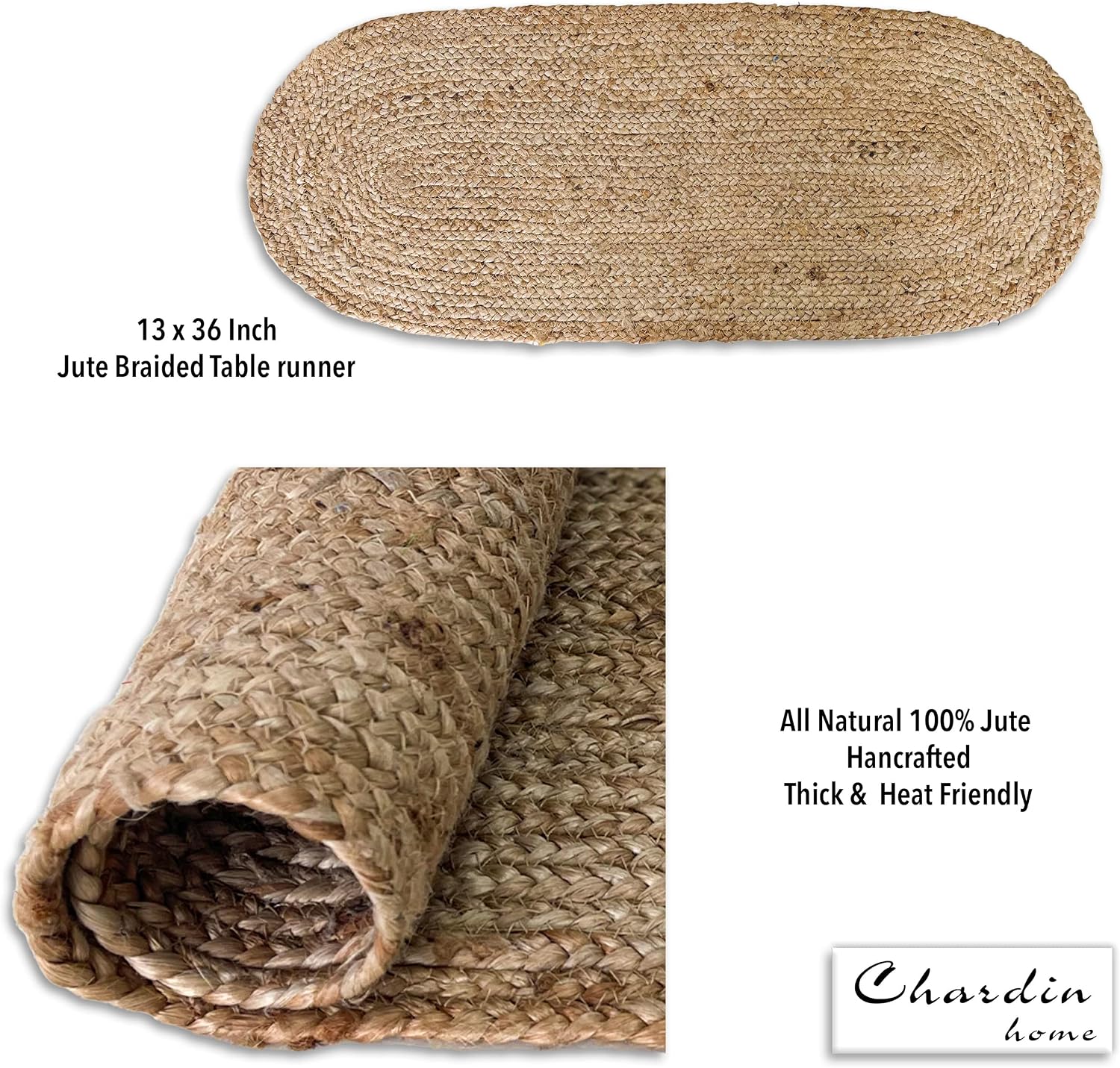Chardin home Jute Braided Oval Table Runner | Boho Table Runner | Artisanal Center Piece for Table, Chests, Counter Tops and More | Handmade Natural Jute 13"x36"