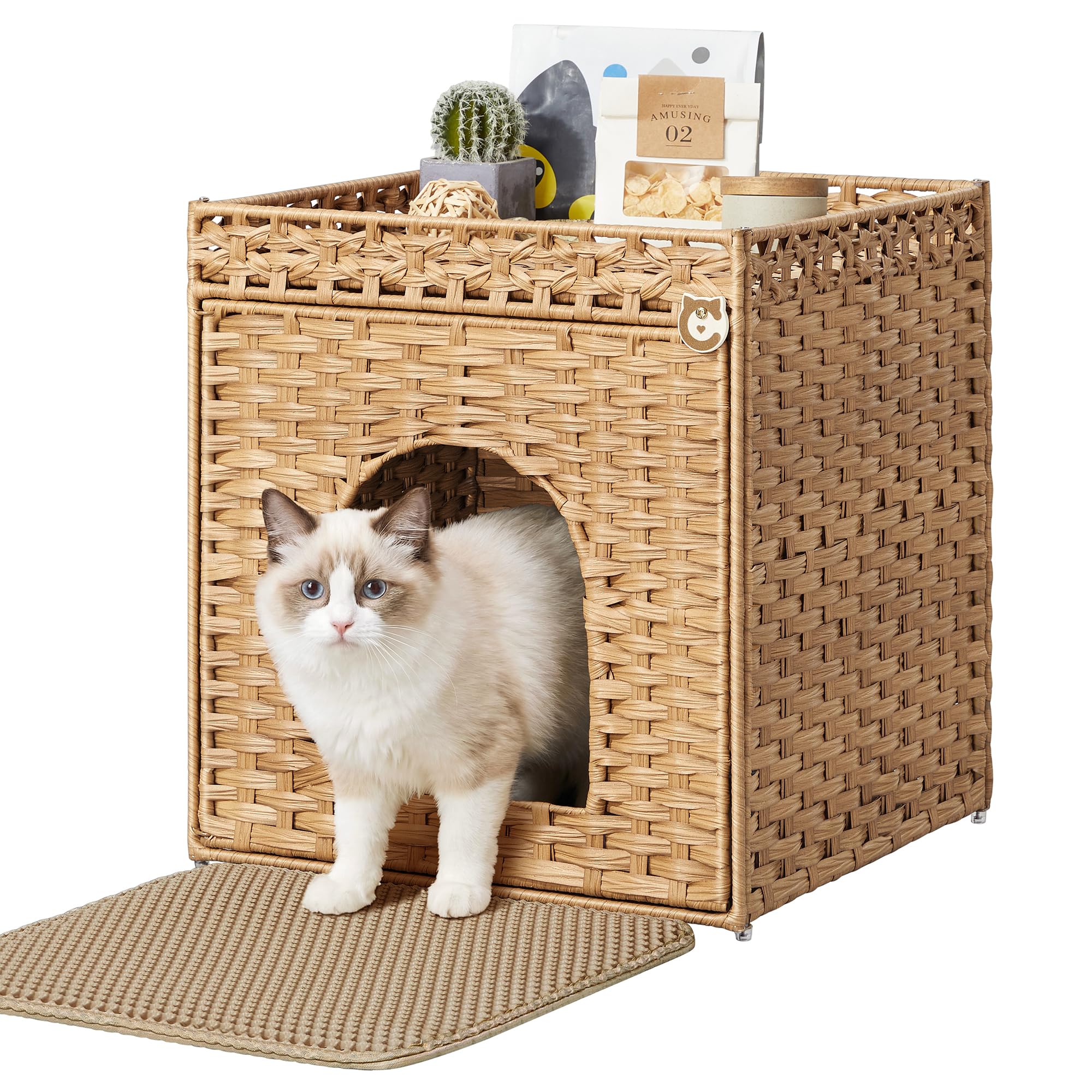 Feandrea Maison de Toilette pour Chat, Meuble Litière en Résine Tressée, Plateau Amovible, Table d'Appoint, 52,5 x 52,5 x 56 cm, Jaune, Style Bohème, Collection Eliott PCL024YE01