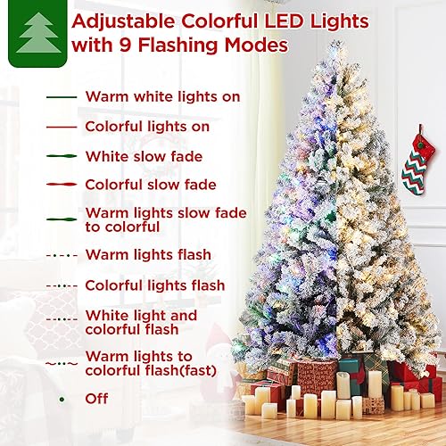 Miniatura 6 de Yaheetech Árbol de Navidad artificial de abeto preiluminado de 7.5 pies con bisagras flocadas de nieve con 550 luces LED multicolor y 1284 puntas de
