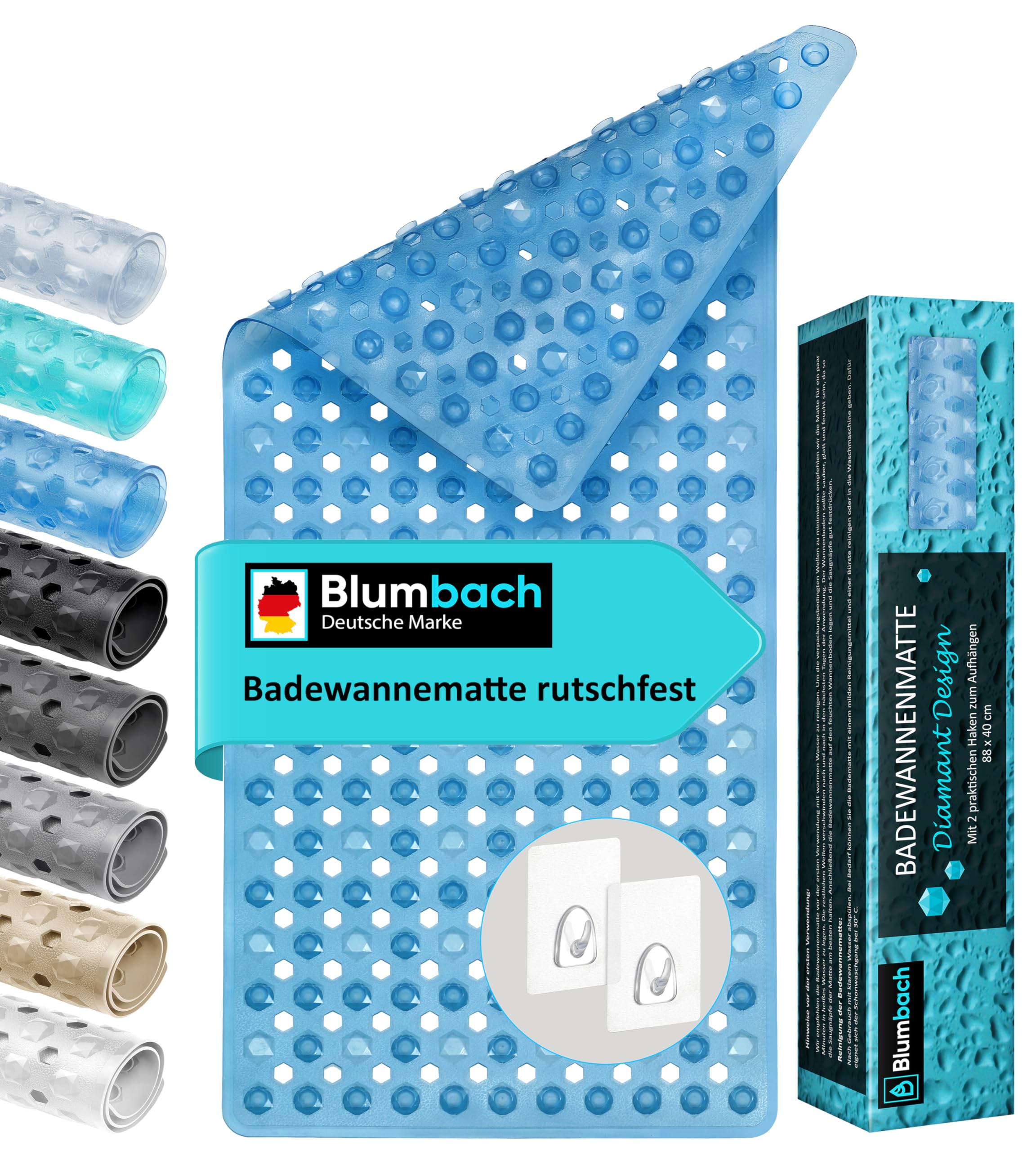 Blumbach® Badewannenmatte rutschfest 88x40cm – inkl. 2 Haken zum Trocknen | 100% BPA-frei, Sicher für Kinder & Senioren | Badematte rutschfest 200+ Saugnäpfe | Schimmelresistent, Maschinenwaschbar