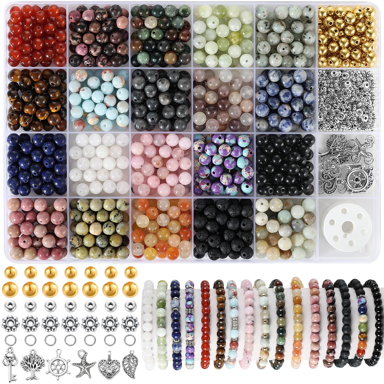 Zefy - Juego de 996 cuentas de piedra natural de 6 mm, cristales redondos, piedras preciosas auténticas, con espaciadores para pulseras y joyería, 20 colores