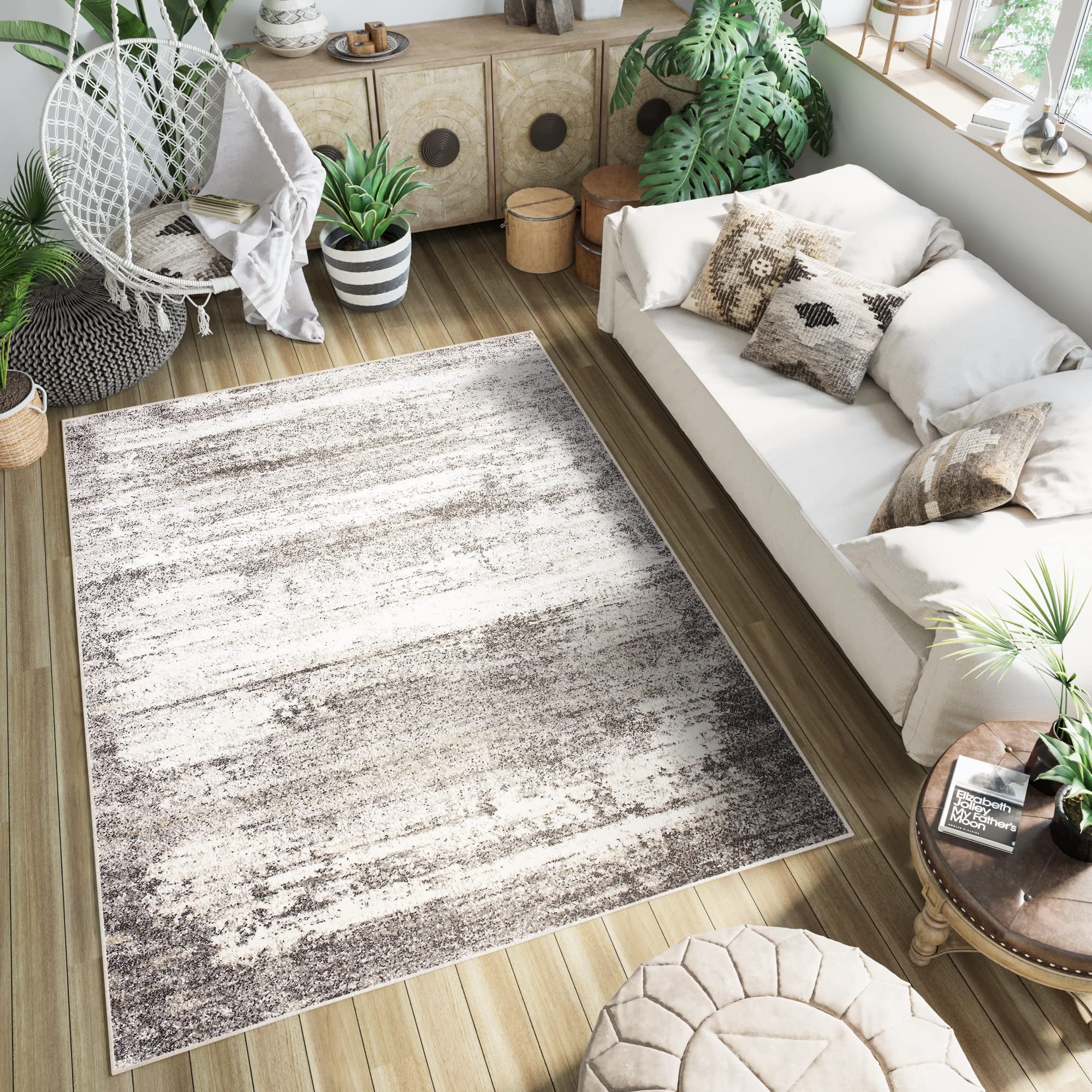 TAPISO Petra Tapis de Salon Chambre Salle à Manger Bureau Ado Design Moderne Abstrait Marron Crème Moucheté Tacheté Doux Dense Frise Poils Courts Confortable 80 x 150 cm