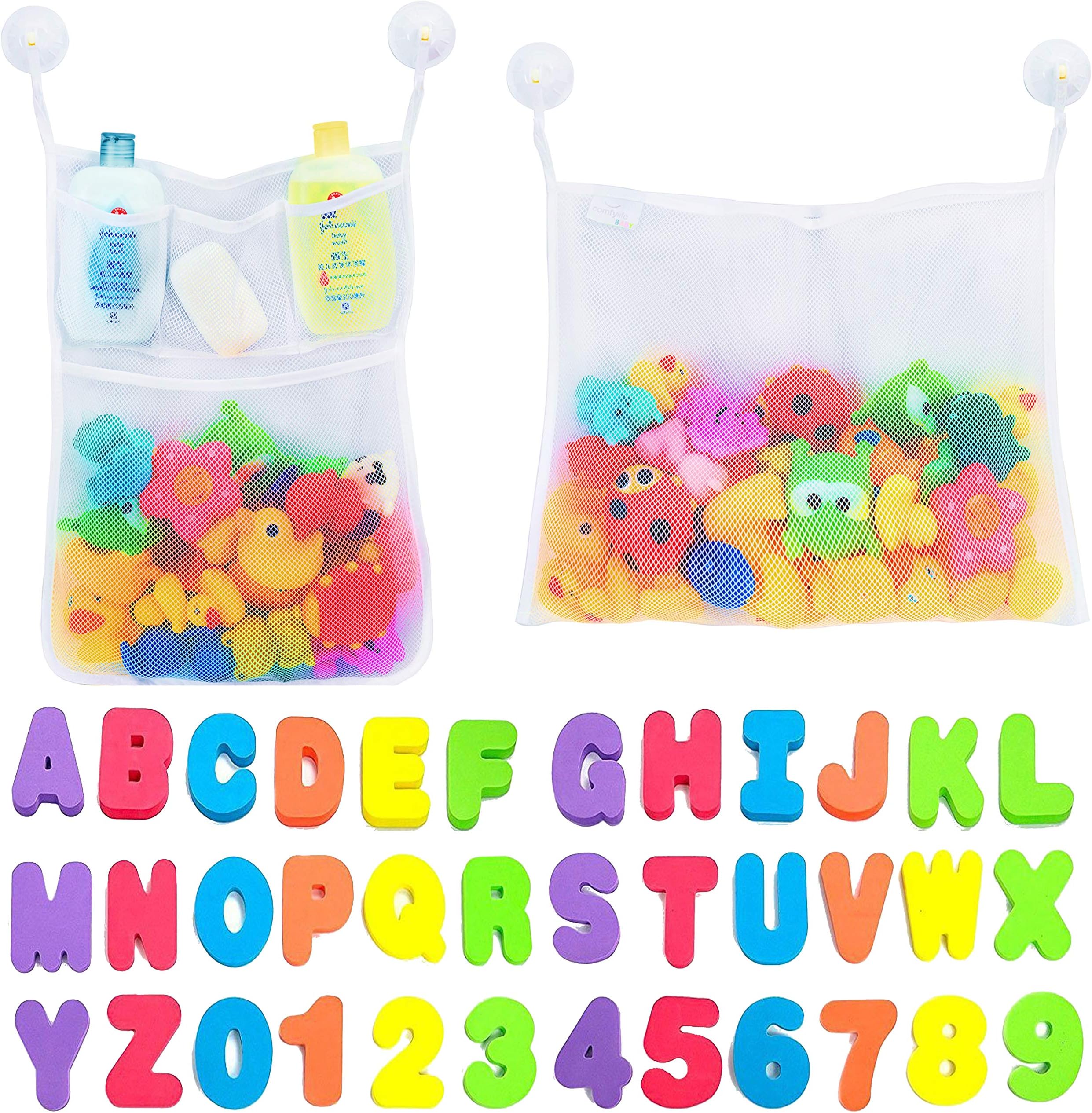 Comfylife2 x Mesh Bath Toy Organizer + 6 Ultra Strong Hooks + 36 Bath Letters รขรขโยฌรขโฌล Eco-Safe, Fun, Educational Foam Baby Bath Letters and Perfect Toy Storage Net for Baby Bath Toys & More