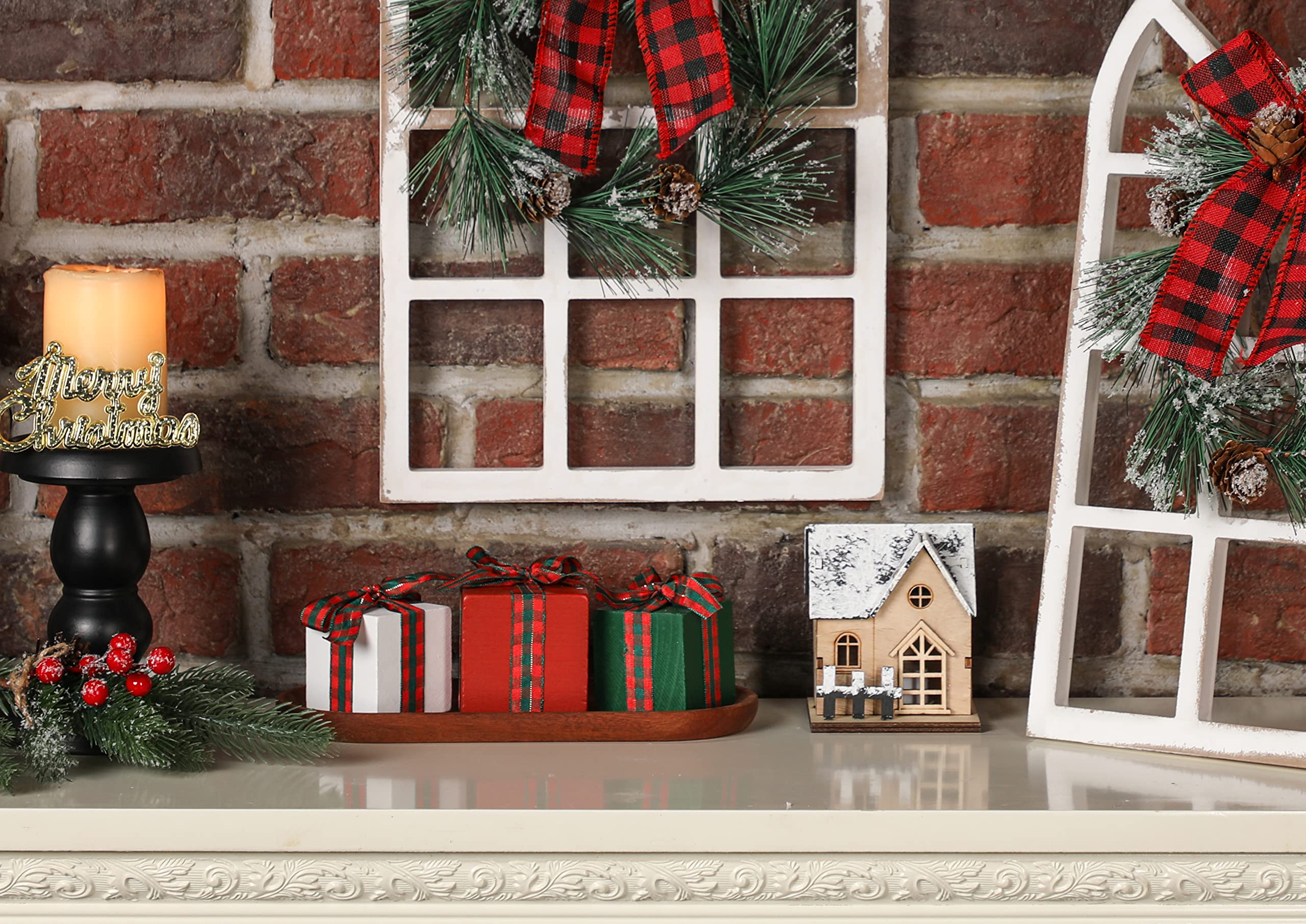 Juego de 3 bandejas escalonadas de Navidad para decoración de mesa pequeña de madera (Buffalo Plaid 1)
