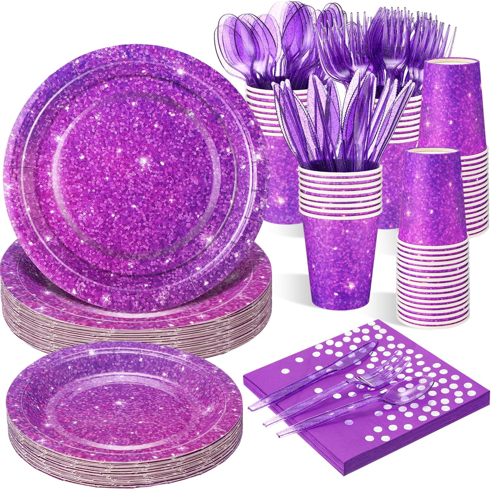 Hushee 175 Pcs Purple Holographic Print Party Supplies Guests Disposable Dinnerware Set Include Paper Plates, Napkins, Cups, Plastic Cutlery for