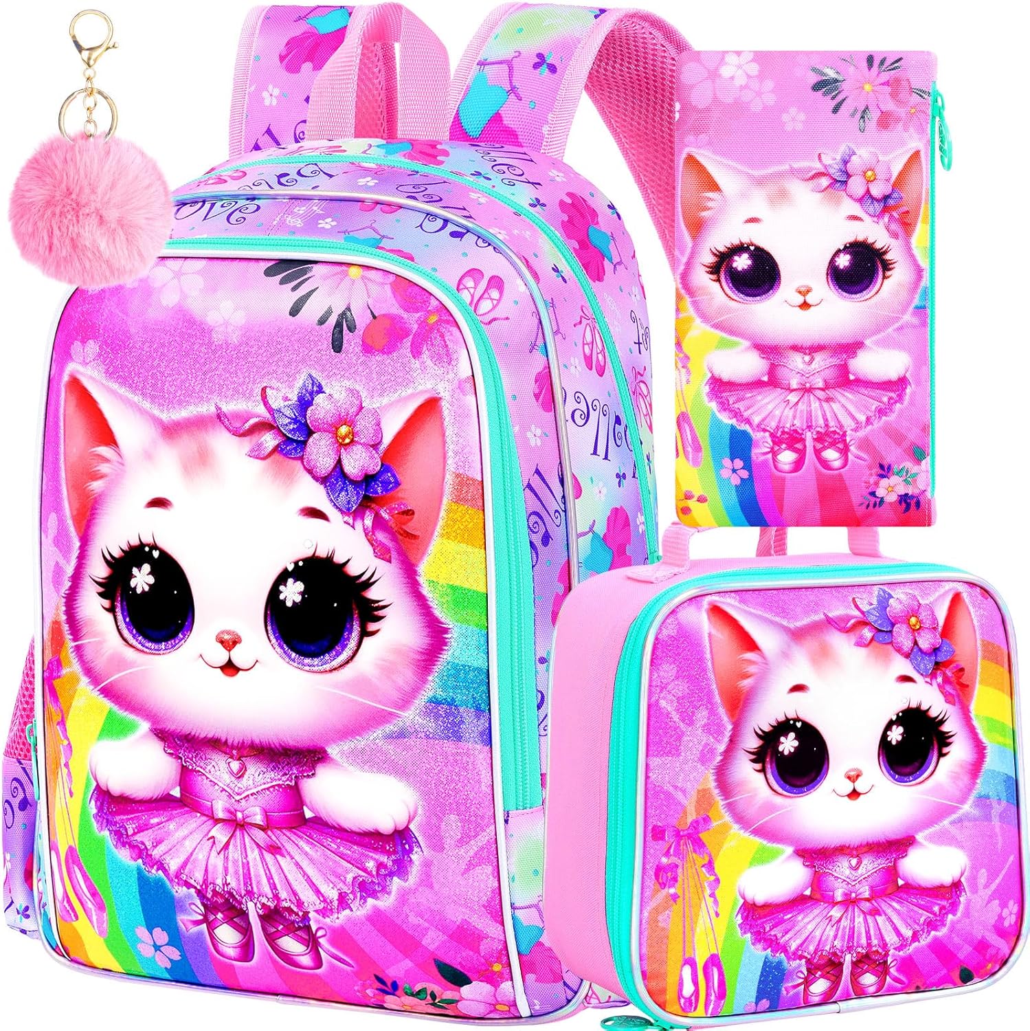 CCJPX 3PCS Cat Backpack for Girls, 16”Kids Ballet Preschool Bookbag with Lunch Box, Cute Ballet Water Resistant School Bag for Elementary Kindergarten Toddler