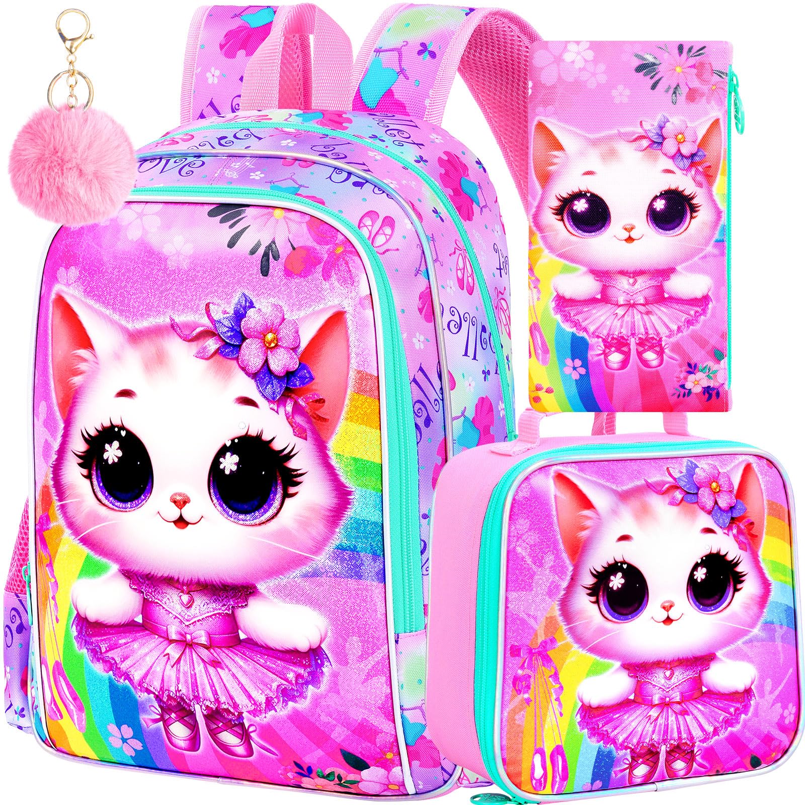 CCJPX 3PCS Cat Backpack for Girls, 16”Kids Ballet Preschool Bookbag with Lunch Box, Cute Ballet Water Resistant School Bag for Elementary Kindergarten
