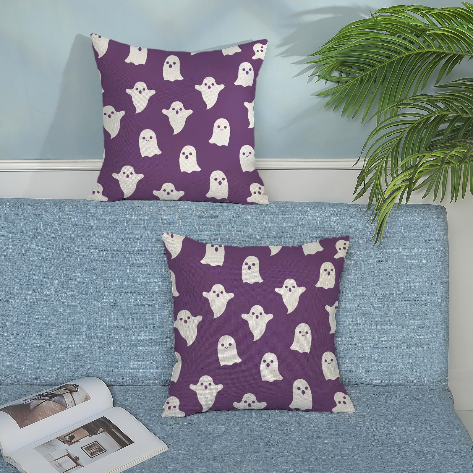 Lot De 2 Housses De Coussin Halloween Yxuiyal - 45x45 Cm - Lin - Rayures Noires Et Fantômes - Déco Canapé